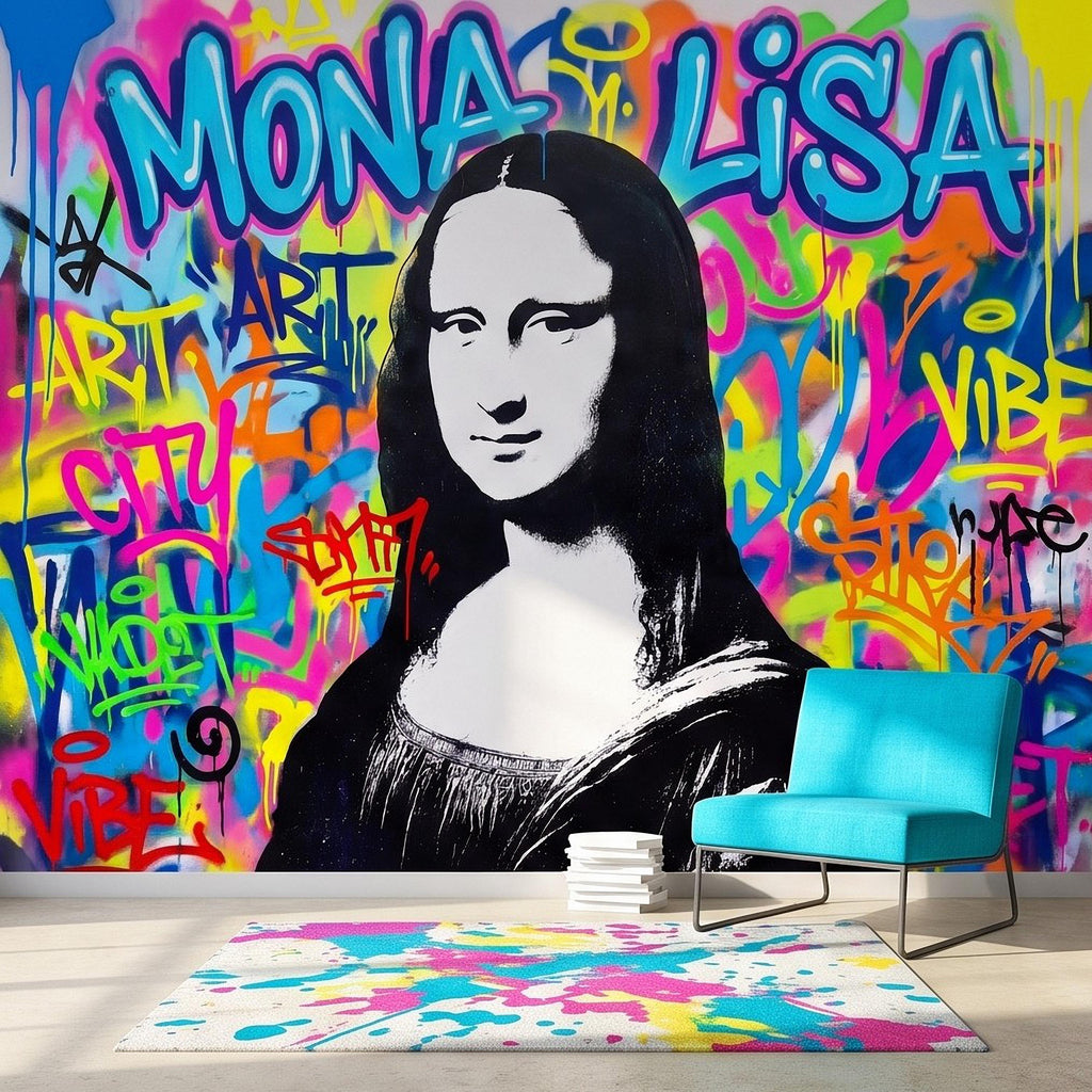 Mona Lisa Graffiti Peel and Stick Wall Mural, Colorful Street Style Renaissance Portrait Pop Culture Urban Graffiti Eclectic Wallpaper