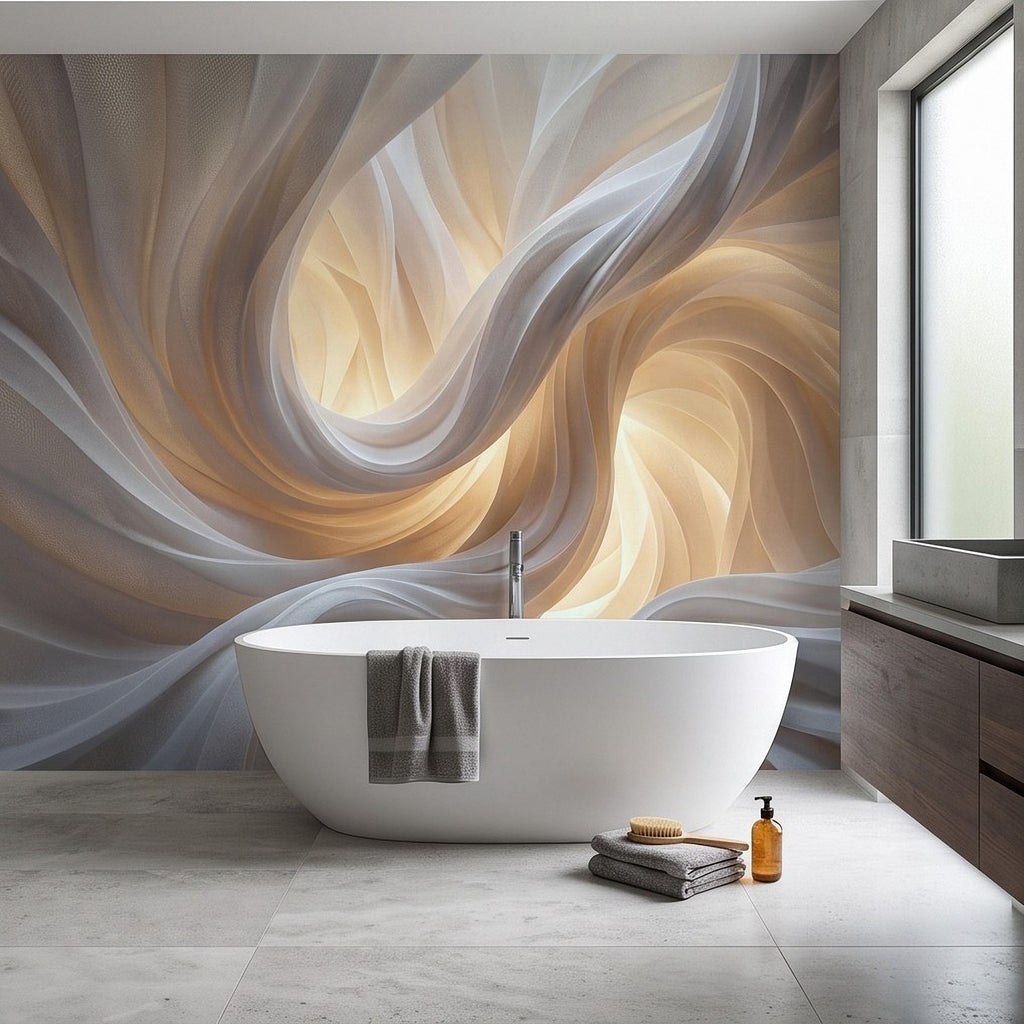 Flowing Fabric Peel and Stick Wall Mural, Abstract White Beige Drapery Soft Fold Texture Warm Neutral Elegant Modern Minimalist Wallpaper