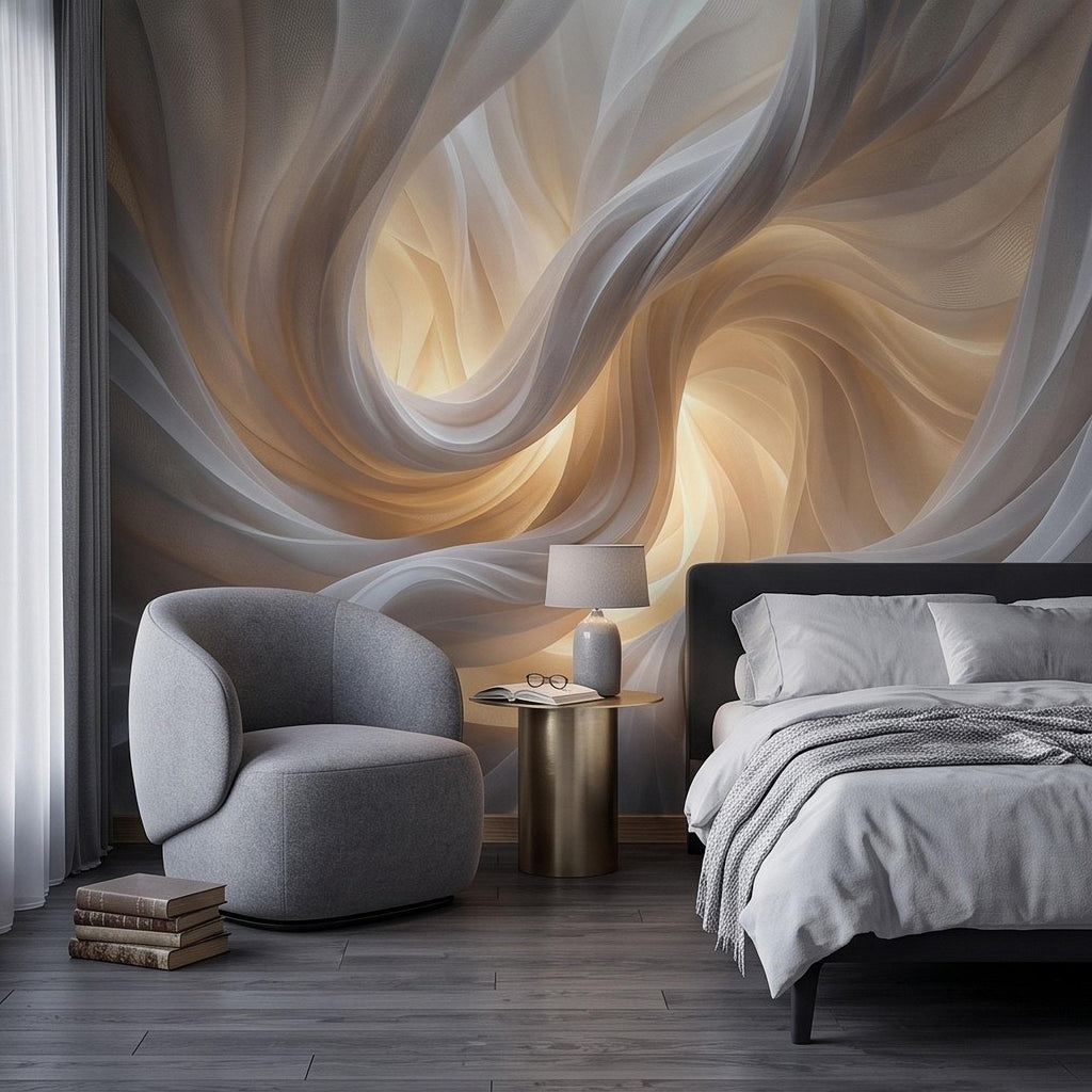 Flowing Fabric Peel and Stick Wall Mural, Abstract White Beige Drapery Soft Fold Texture Warm Neutral Elegant Modern Minimalist Wallpaper