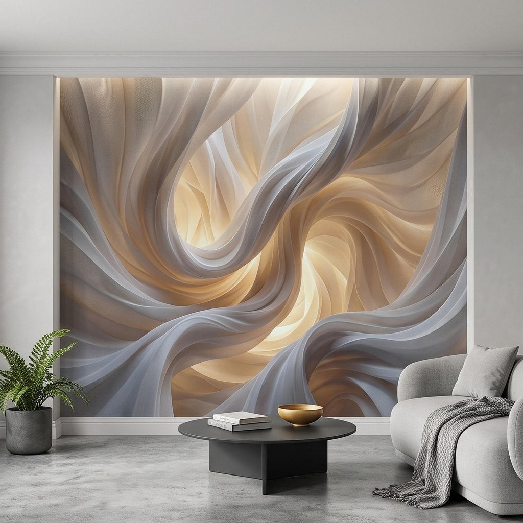 Flowing Fabric Peel and Stick Wall Mural, Abstract White Beige Drapery Soft Fold Texture Warm Neutral Elegant Modern Minimalist Wallpaper