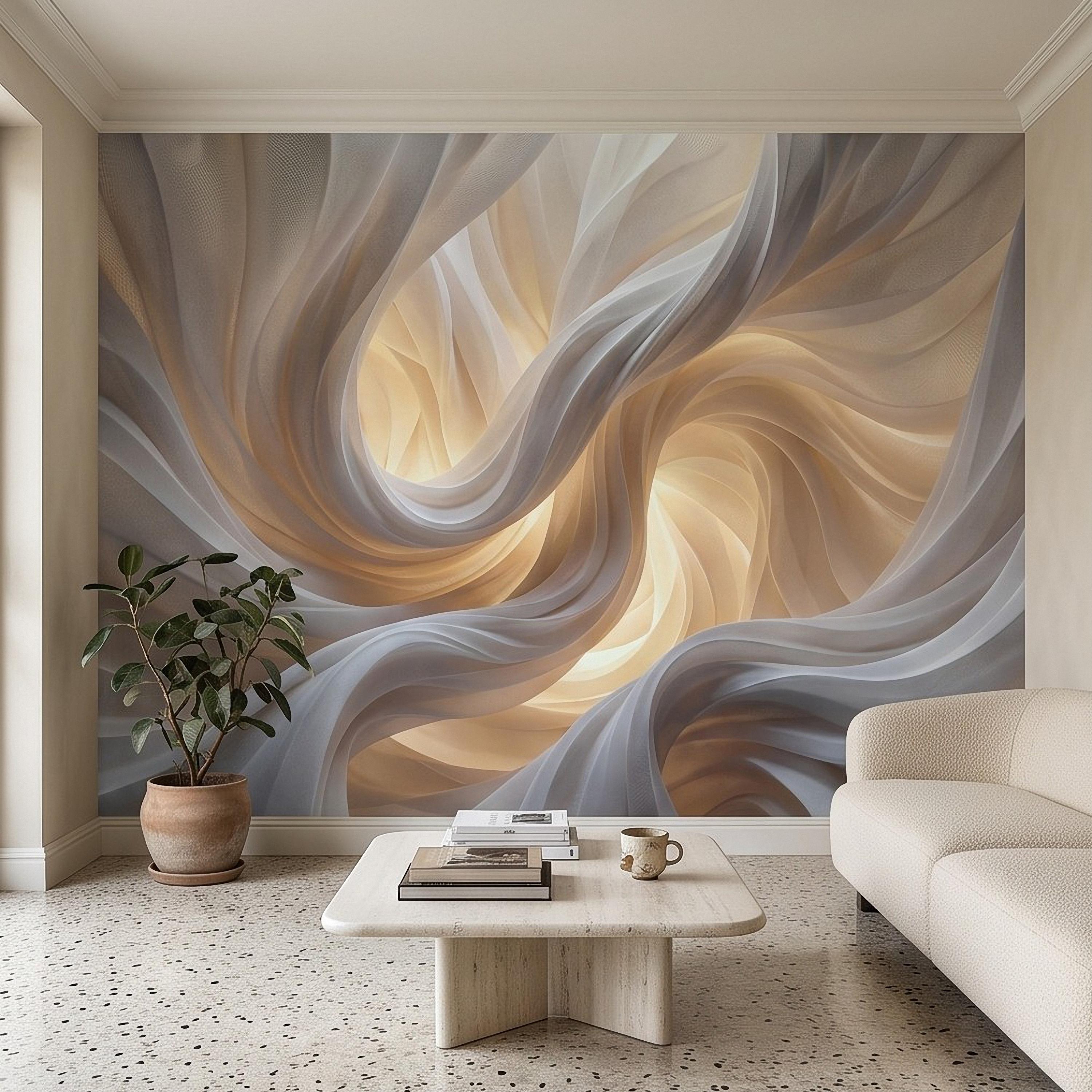 Flowing Fabric Peel and Stick Wall Mural, Abstract White Beige Drapery Soft Fold Texture Warm Neutral Elegant Modern Minimalist Wallpaper