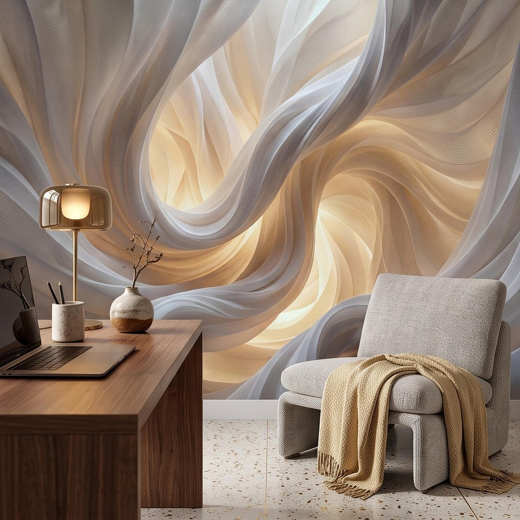 Flowing Fabric Peel and Stick Wall Mural, Abstract White Beige Drapery Soft Fold Texture Warm Neutral Elegant Modern Minimalist Wallpaper