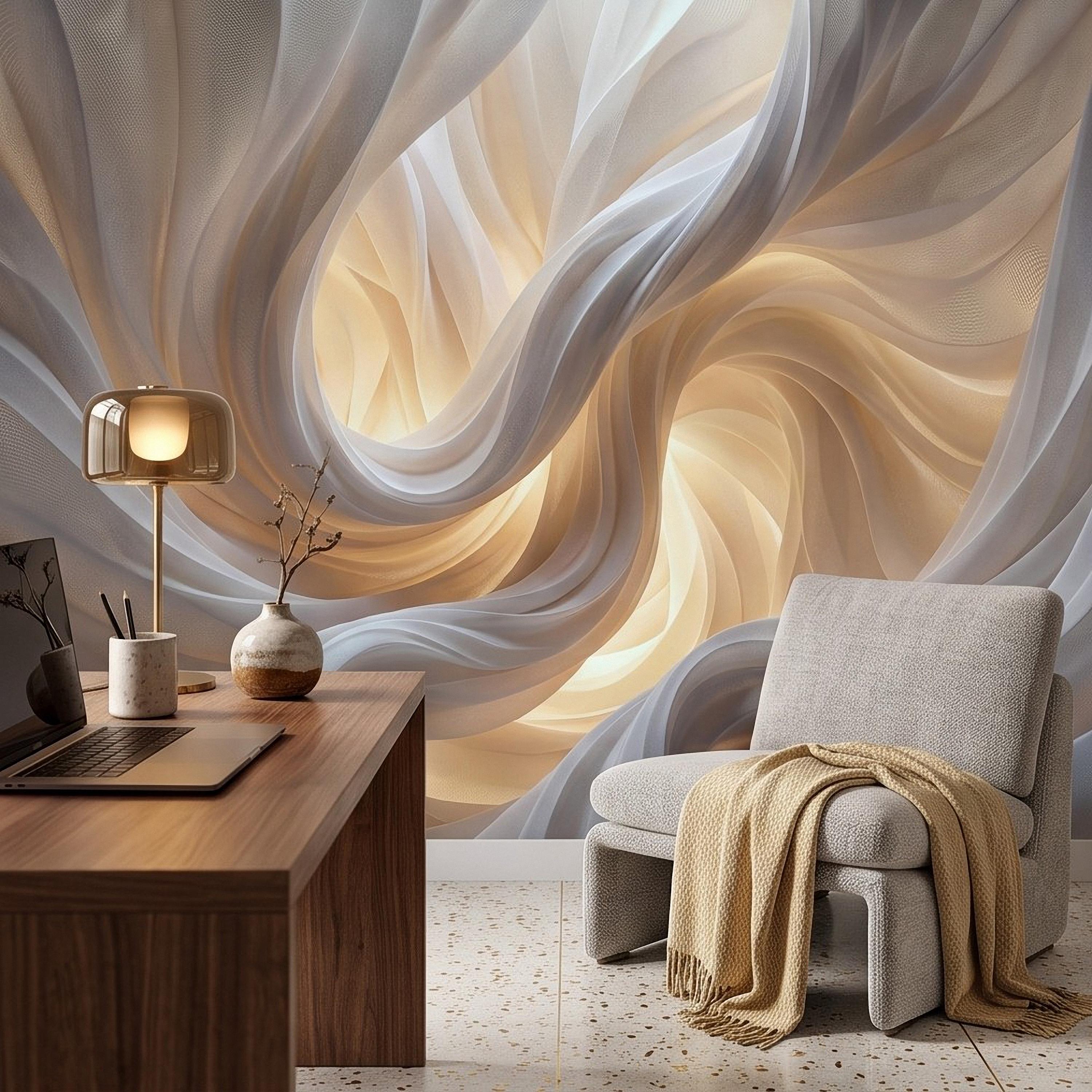 Flowing Fabric Peel and Stick Wall Mural, Abstract White Beige Drapery Soft Fold Texture Warm Neutral Elegant Modern Minimalist Wallpaper