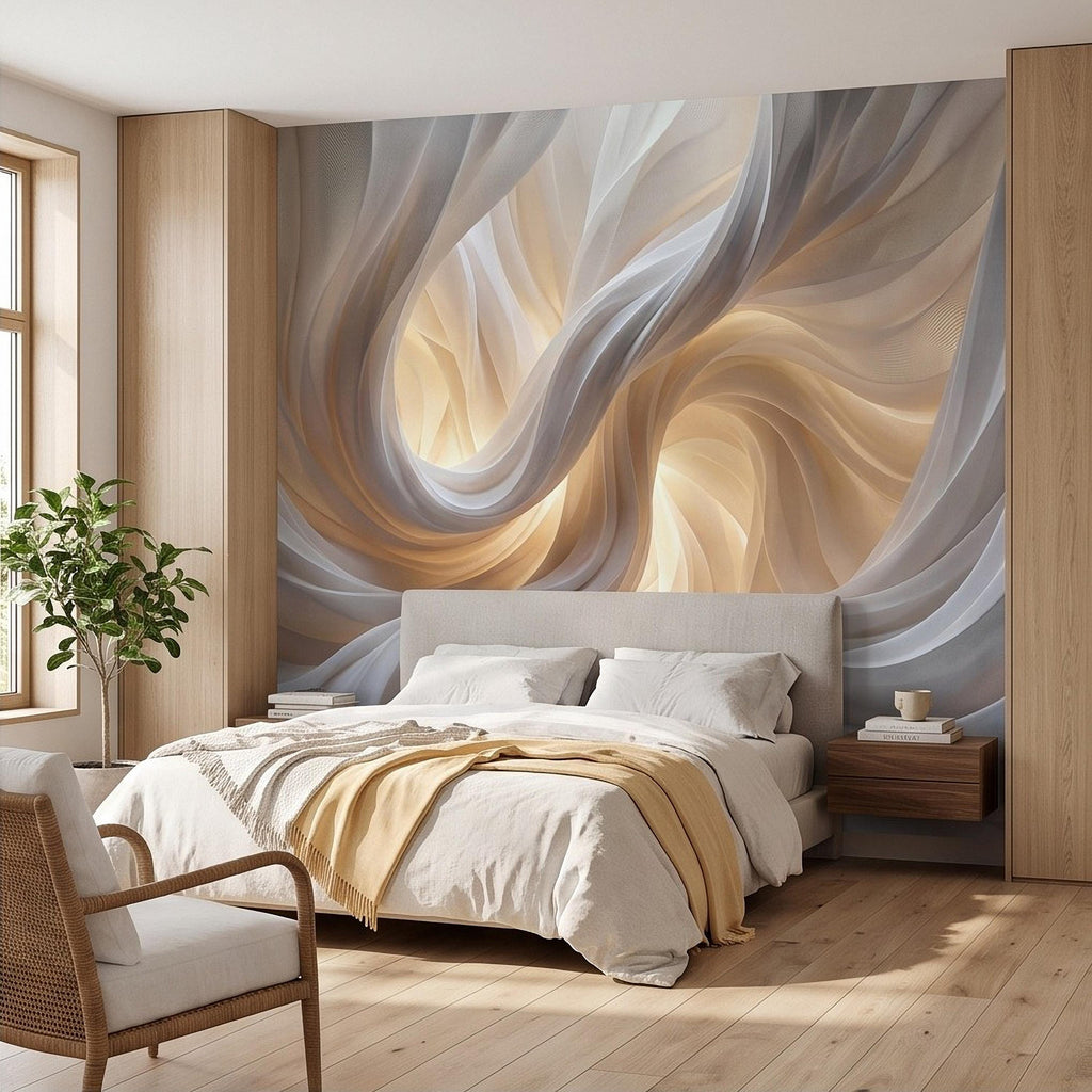 Flowing Fabric Peel and Stick Wall Mural, Abstract White Beige Drapery Soft Fold Texture Warm Neutral Elegant Modern Minimalist Wallpaper
