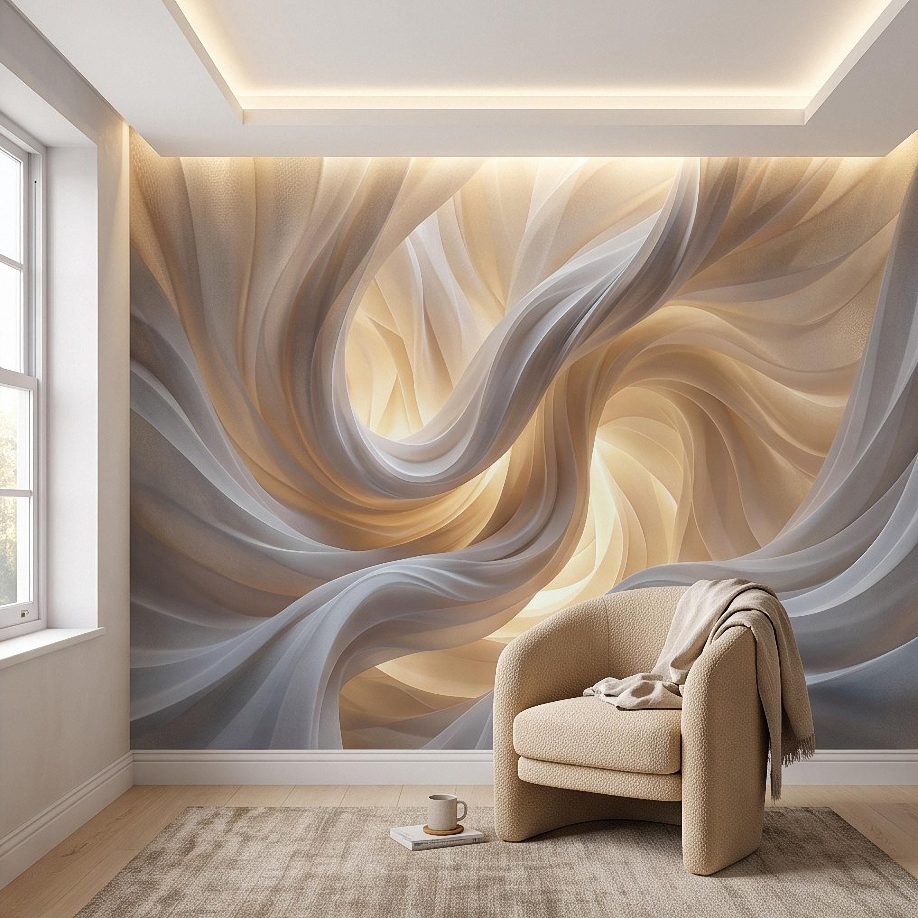 Flowing Fabric Peel and Stick Wall Mural, Abstract White Beige Drapery Soft Fold Texture Warm Neutral Elegant Modern Minimalist Wallpaper