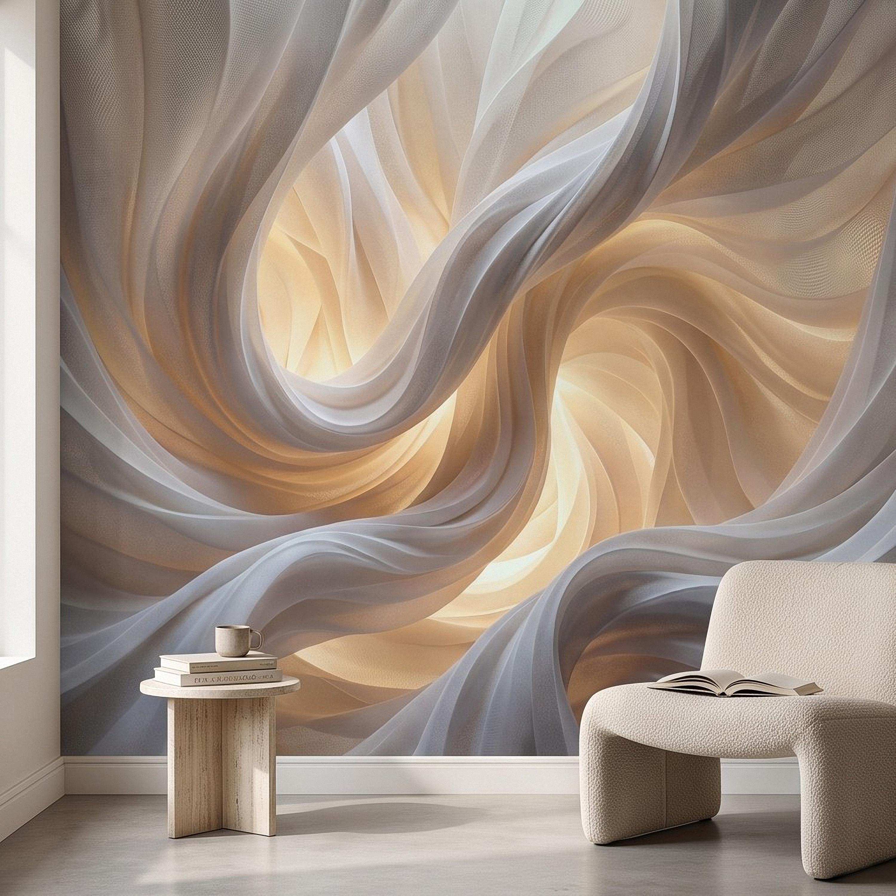 Flowing Fabric Peel and Stick Wall Mural, Abstract White Beige Drapery Soft Fold Texture Warm Neutral Elegant Modern Minimalist Wallpaper