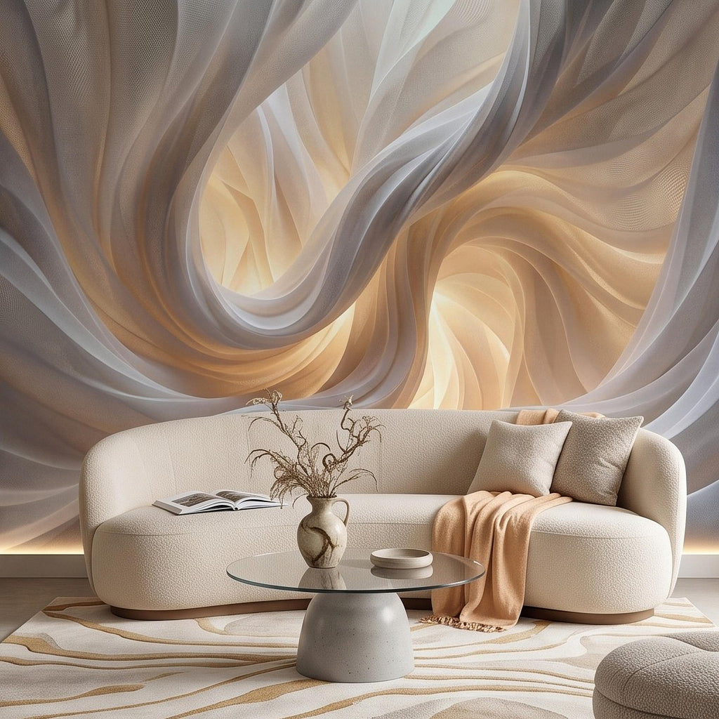 Flowing Fabric Peel and Stick Wall Mural, Abstract White Beige Drapery Soft Fold Texture Warm Neutral Elegant Modern Minimalist Wallpaper