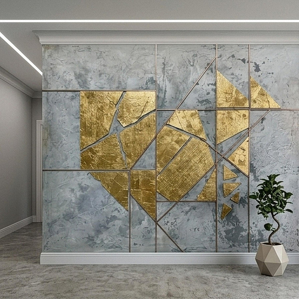 Abstract Geometric Peel and Stick Wall Mural, Gold Shapes Gray Concrete Texture Modern Industrial Lines Luxury Contemporary Art Wallpaper