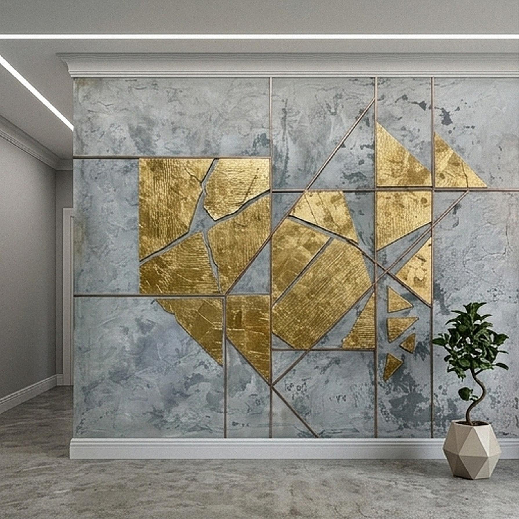 Abstract Geometric Peel and Stick Wall Mural, Gold Shapes Gray Concrete Texture Modern Industrial Lines Luxury Contemporary Art Wallpaper
