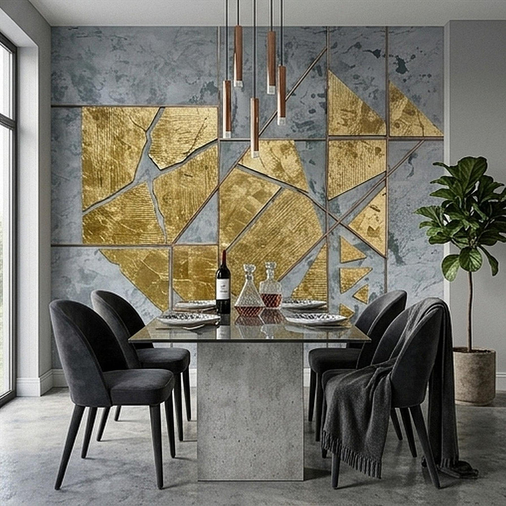 Abstract Geometric Peel and Stick Wall Mural, Gold Shapes Gray Concrete Texture Modern Industrial Lines Luxury Contemporary Art Wallpaper