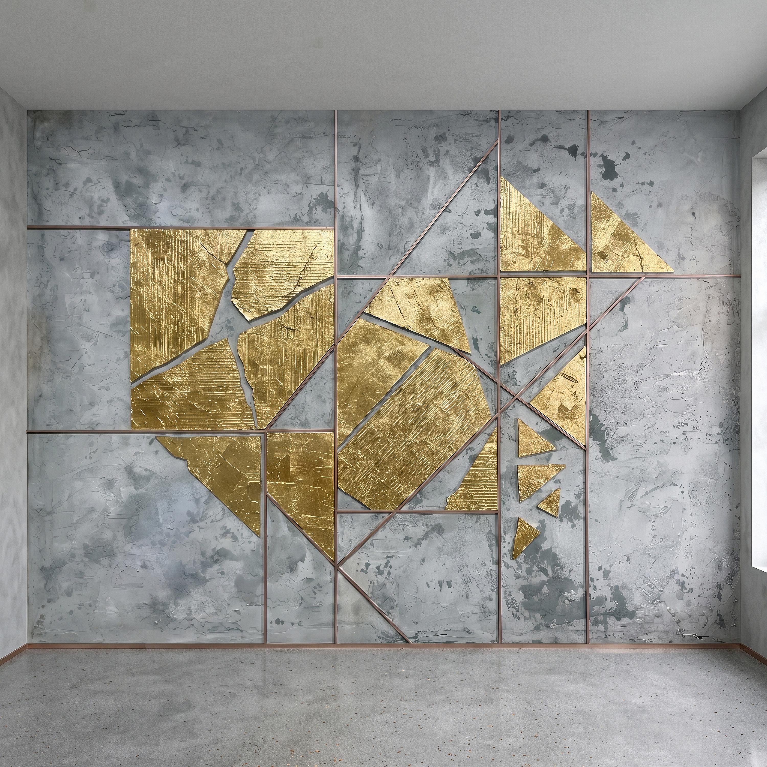 Abstract Geometric Peel and Stick Wall Mural, Gold Shapes Gray Concrete Texture Modern Industrial Lines Luxury Contemporary Art Wallpaper