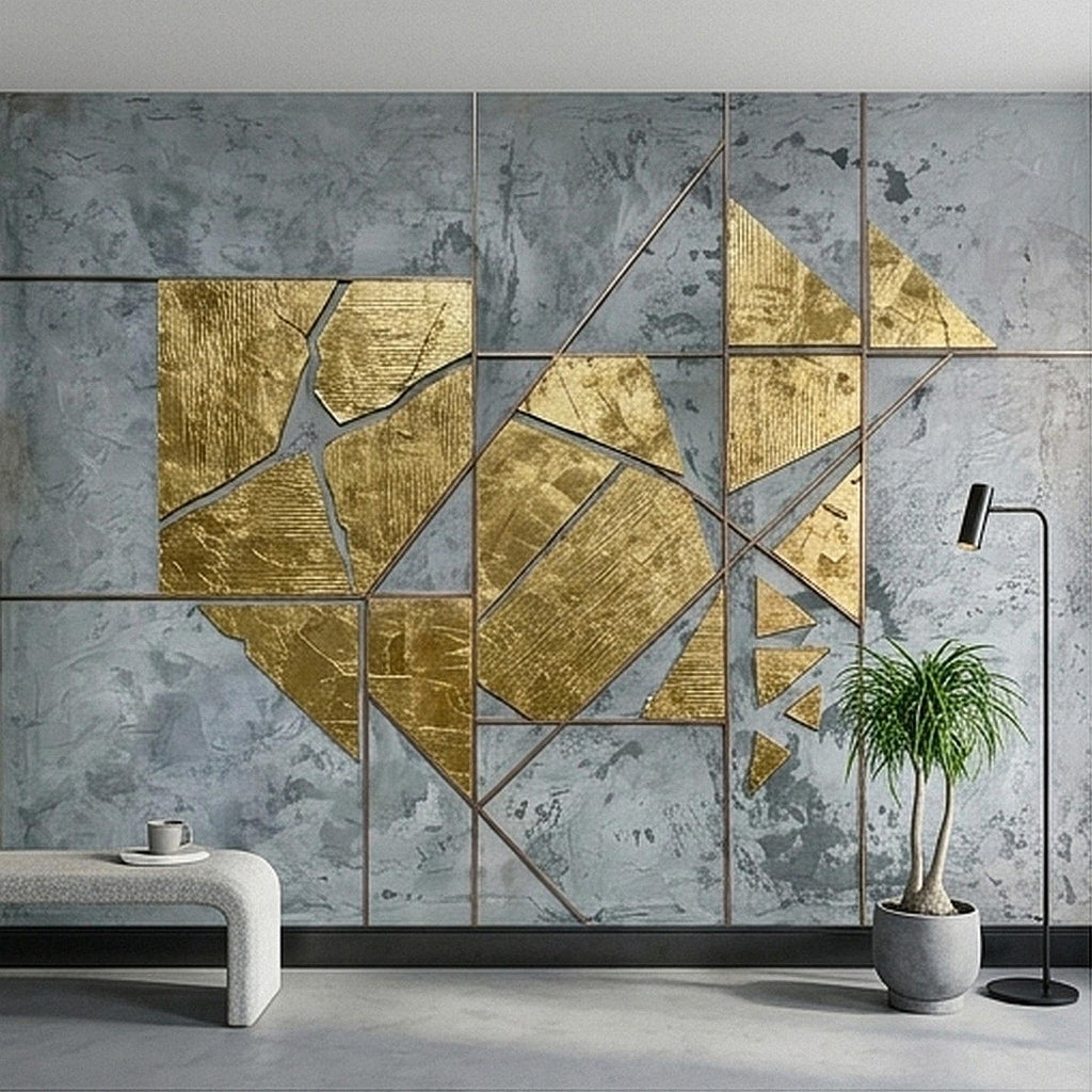 Abstract Geometric Peel and Stick Wall Mural, Gold Shapes Gray Concrete Texture Modern Industrial Lines Luxury Contemporary Art Wallpaper