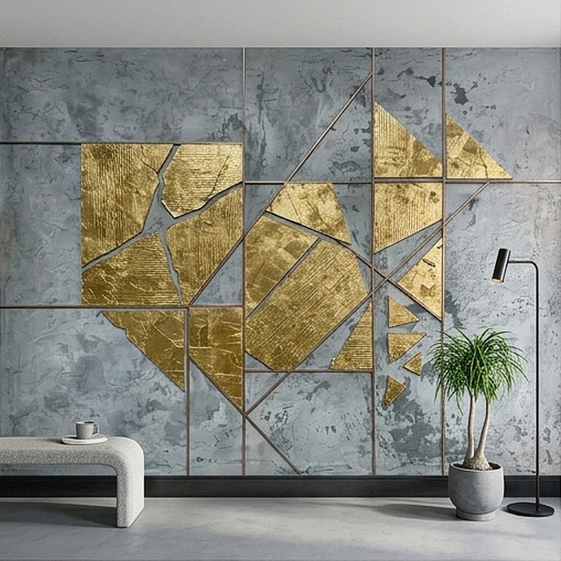 Abstract Geometric Peel and Stick Wall Mural, Gold Shapes Gray Concrete Texture Modern Industrial Lines Luxury Contemporary Art Wallpaper