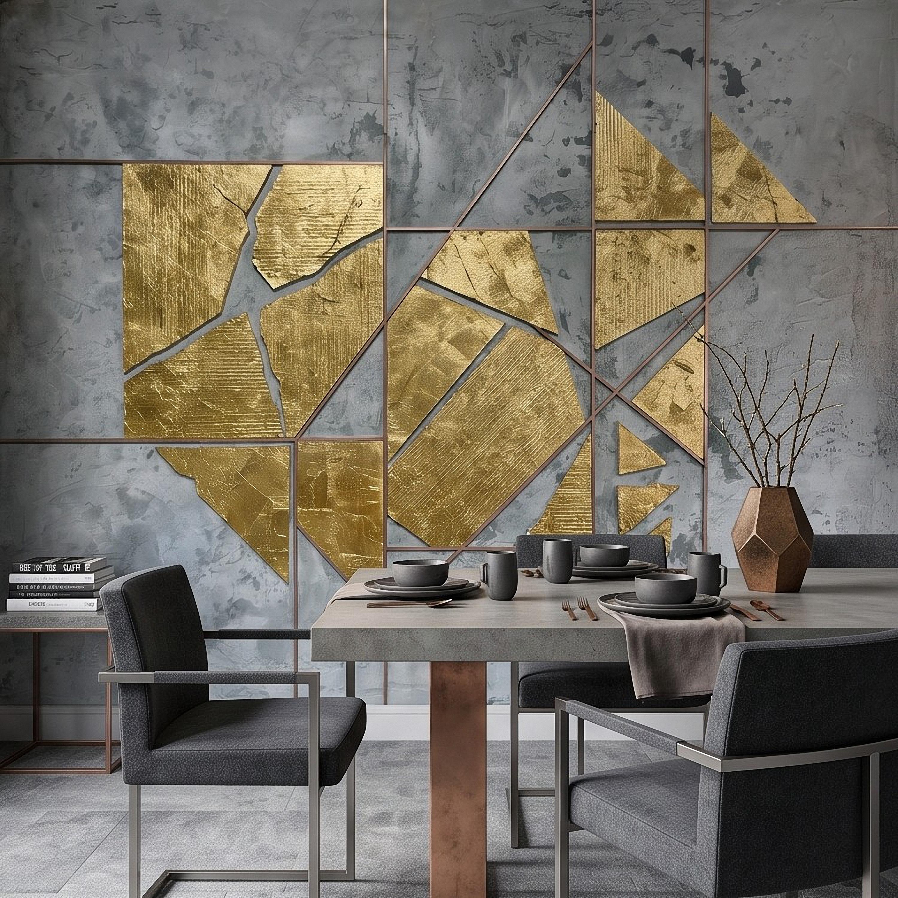 Abstract Geometric Peel and Stick Wall Mural, Gold Shapes Gray Concrete Texture Modern Industrial Lines Luxury Contemporary Art Wallpaper
