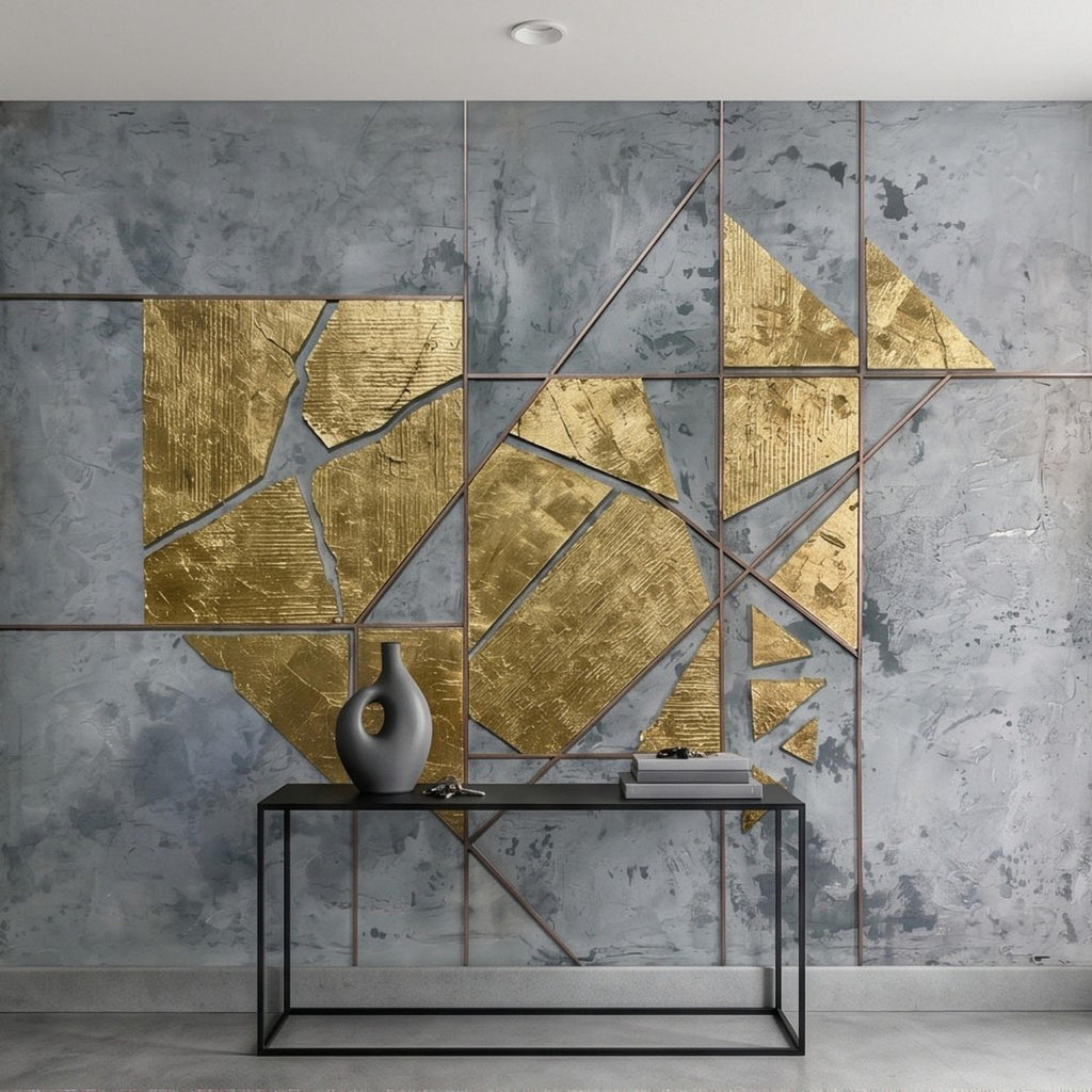 Abstract Geometric Peel and Stick Wall Mural, Gold Shapes Gray Concrete Texture Modern Industrial Lines Luxury Contemporary Art Wallpaper
