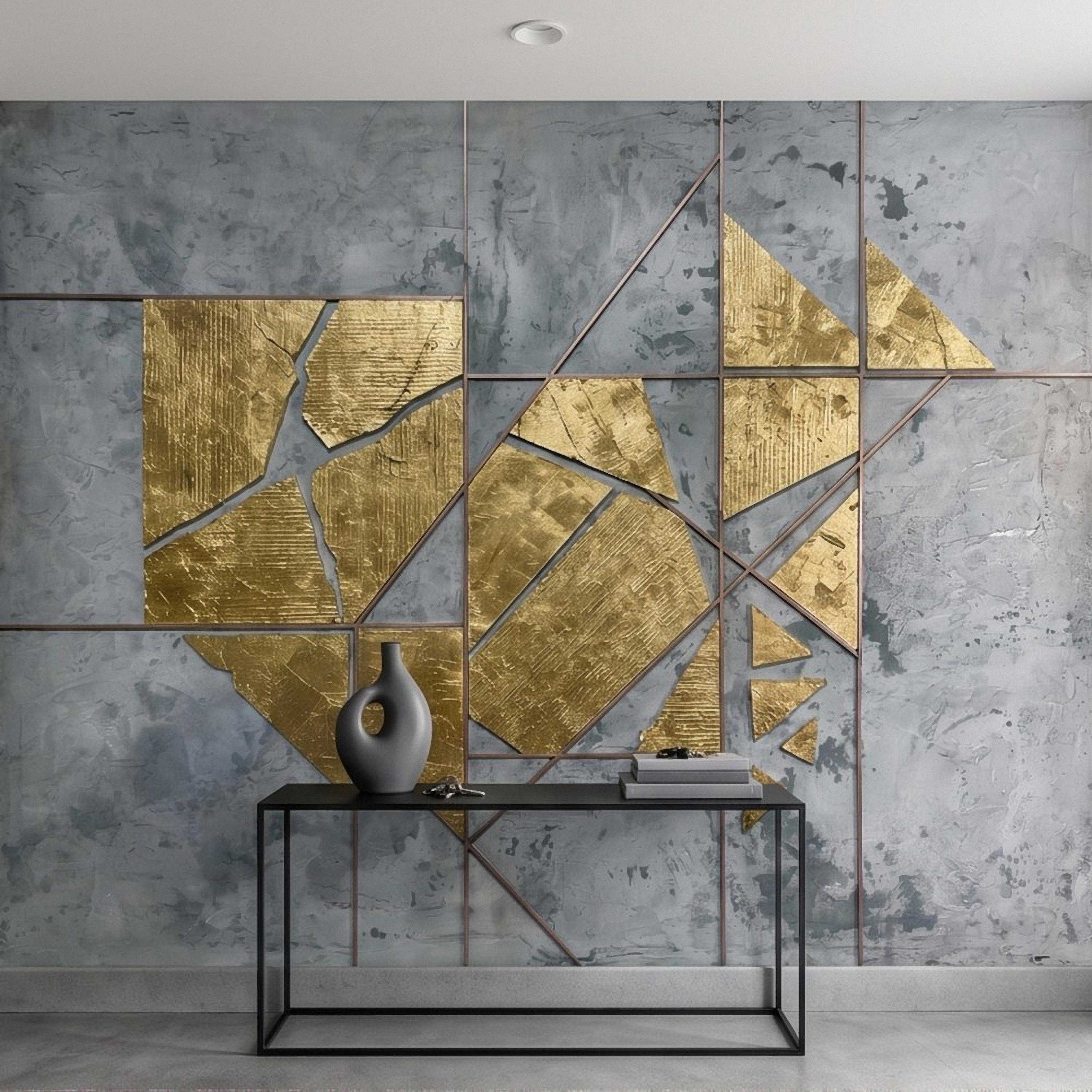 Abstract Geometric Peel and Stick Wall Mural, Gold Shapes Gray Concrete Texture Modern Industrial Lines Luxury Contemporary Art Wallpaper