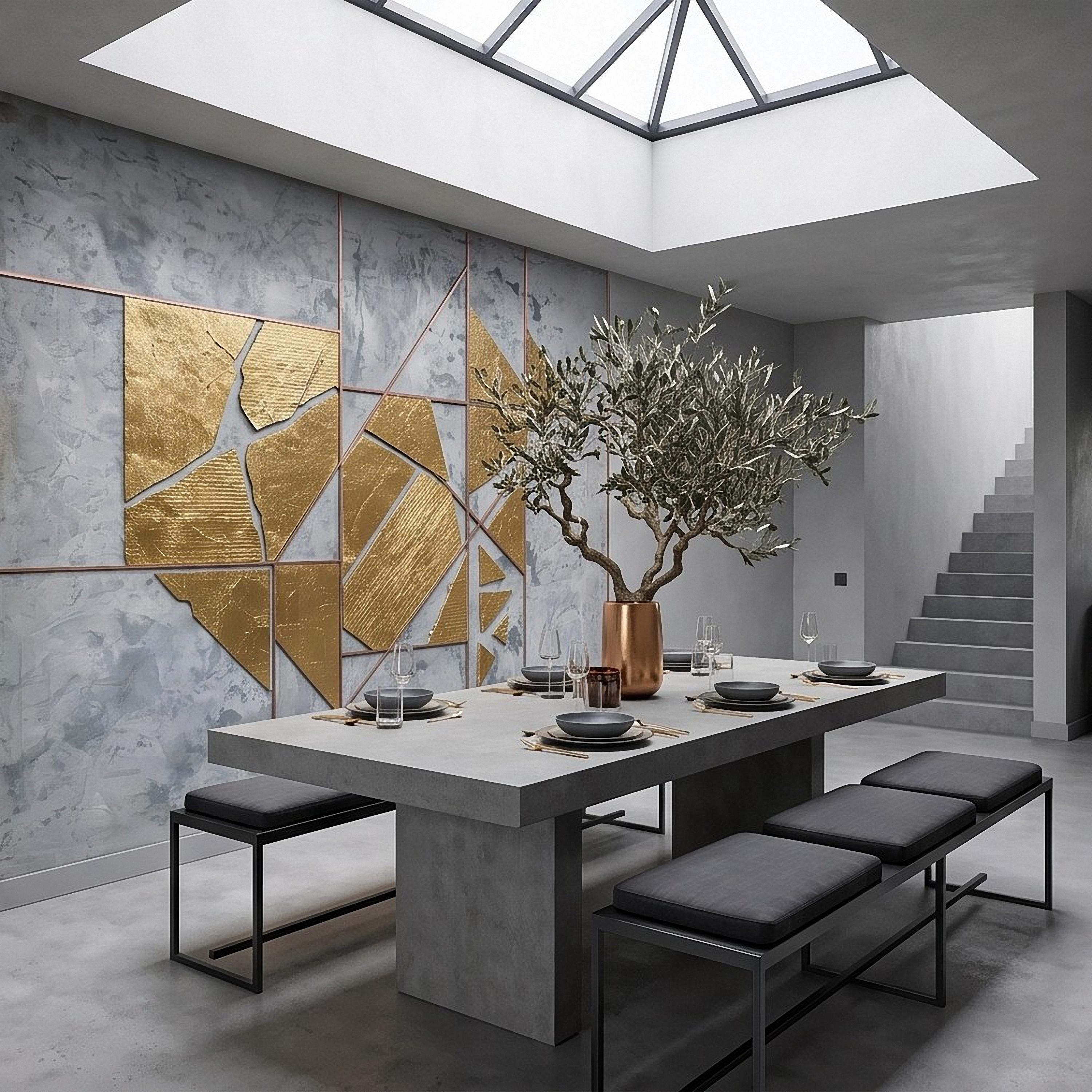Abstract Geometric Peel and Stick Wall Mural, Gold Shapes Gray Concrete Texture Modern Industrial Lines Luxury Contemporary Art Wallpaper
