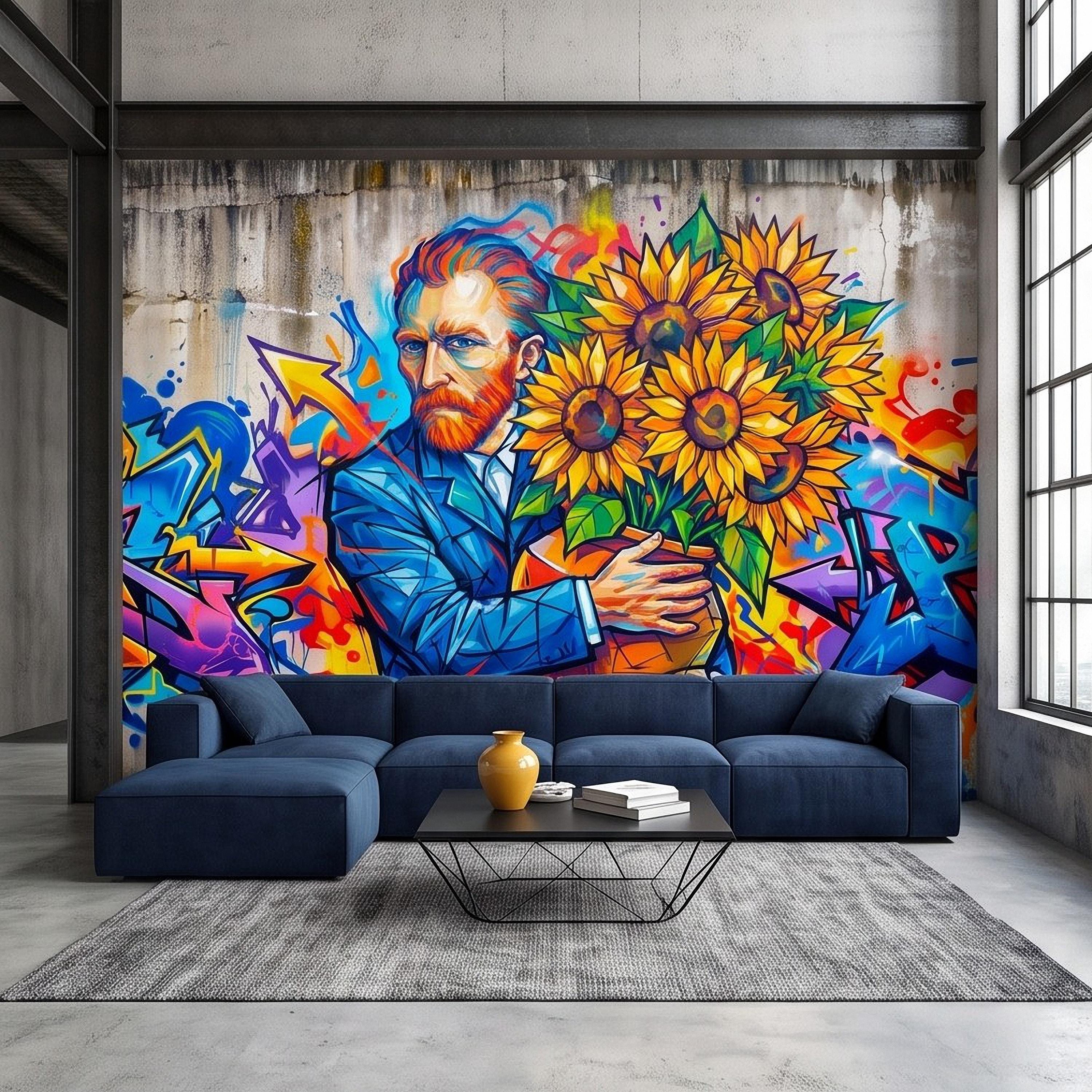 Van Gogh Sunflowers Peel and Stick Wall Mural, Colorful Graffiti Portrait Famous Painter Street Style Pop Culture Vibrant Wallpaper