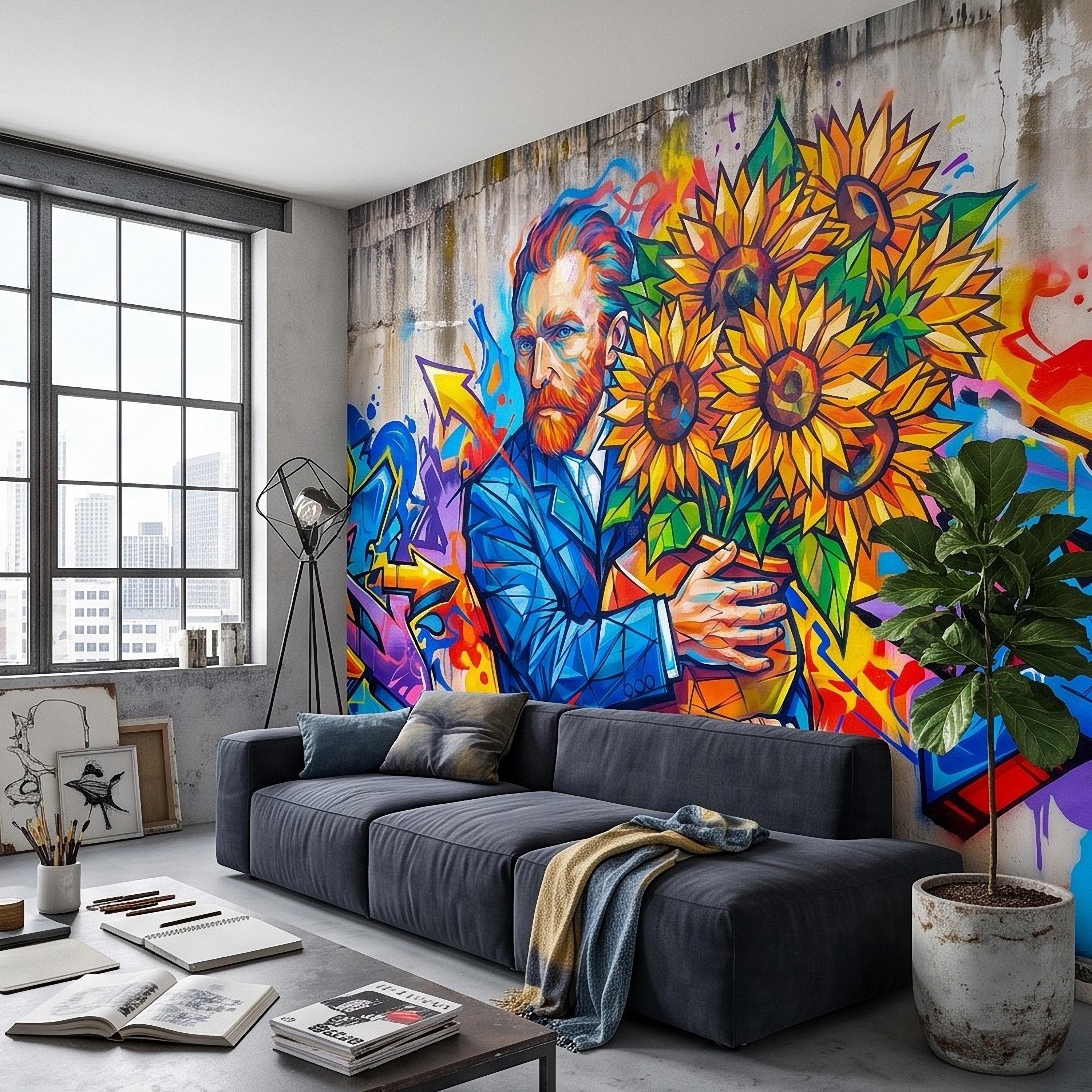 Van Gogh Sunflowers Peel and Stick Wall Mural, Colorful Graffiti Portrait Famous Painter Street Style Pop Culture Vibrant Wallpaper
