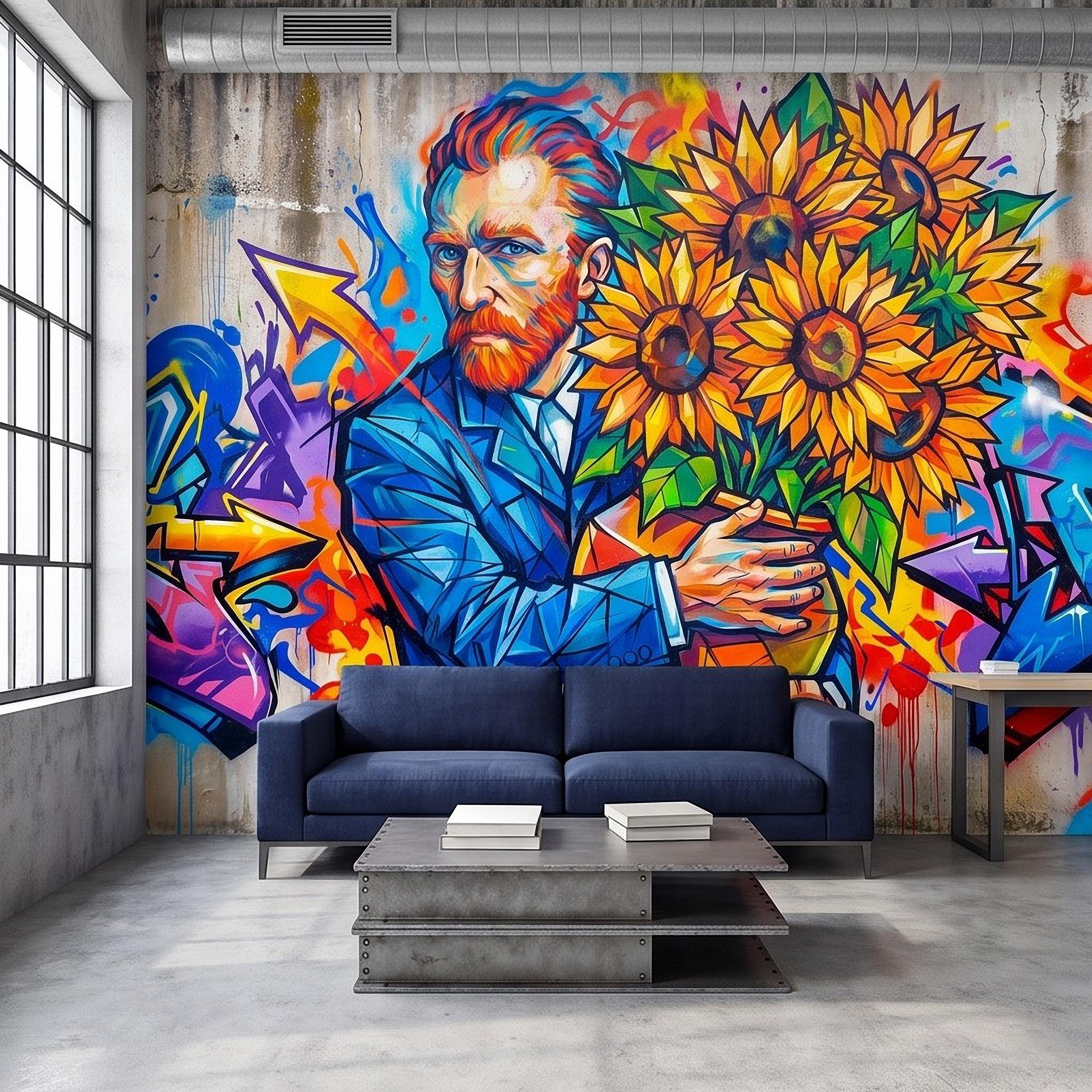Van Gogh Sunflowers Peel and Stick Wall Mural, Colorful Graffiti Portrait Famous Painter Street Style Pop Culture Vibrant Wallpaper