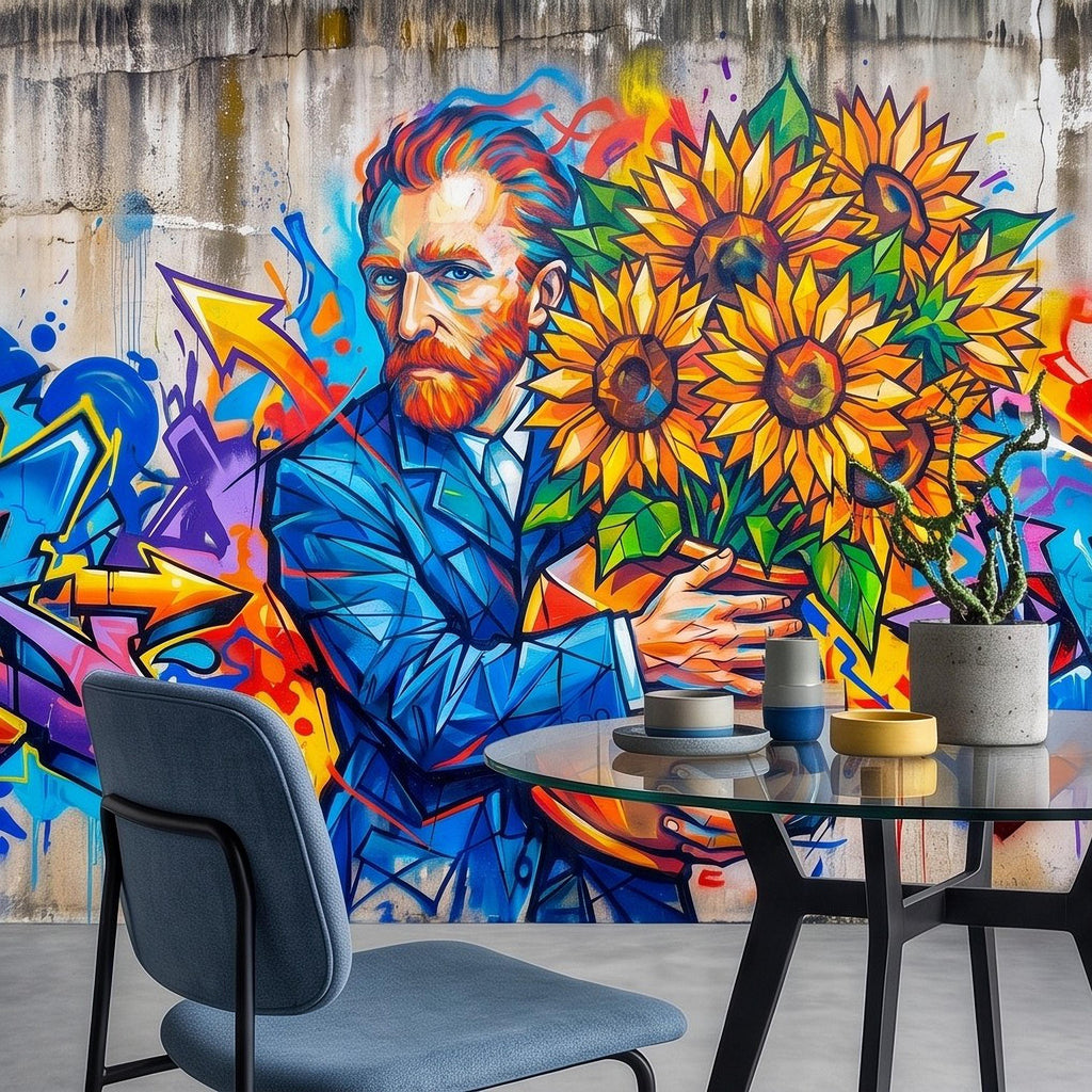 Van Gogh Sunflowers Peel and Stick Wall Mural, Colorful Graffiti Portrait Famous Painter Street Style Pop Culture Vibrant Wallpaper