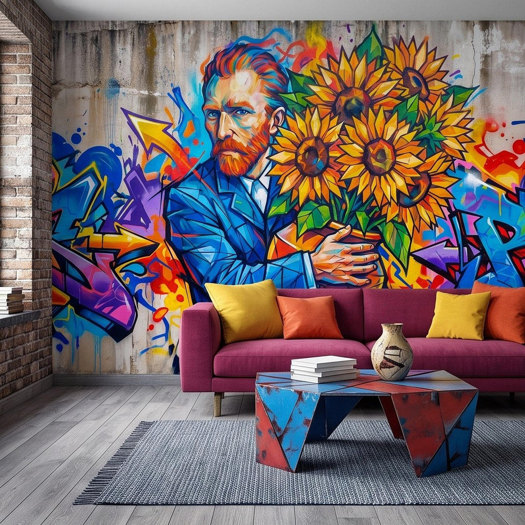 Van Gogh Sunflowers Peel and Stick Wall Mural, Colorful Graffiti Portrait Famous Painter Street Style Pop Culture Vibrant Wallpaper