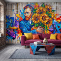 Van Gogh Sunflowers Peel and Stick Wall Mural, Colorful Graffiti Portrait Famous Painter Street Style Pop Culture Vibrant Wallpaper
