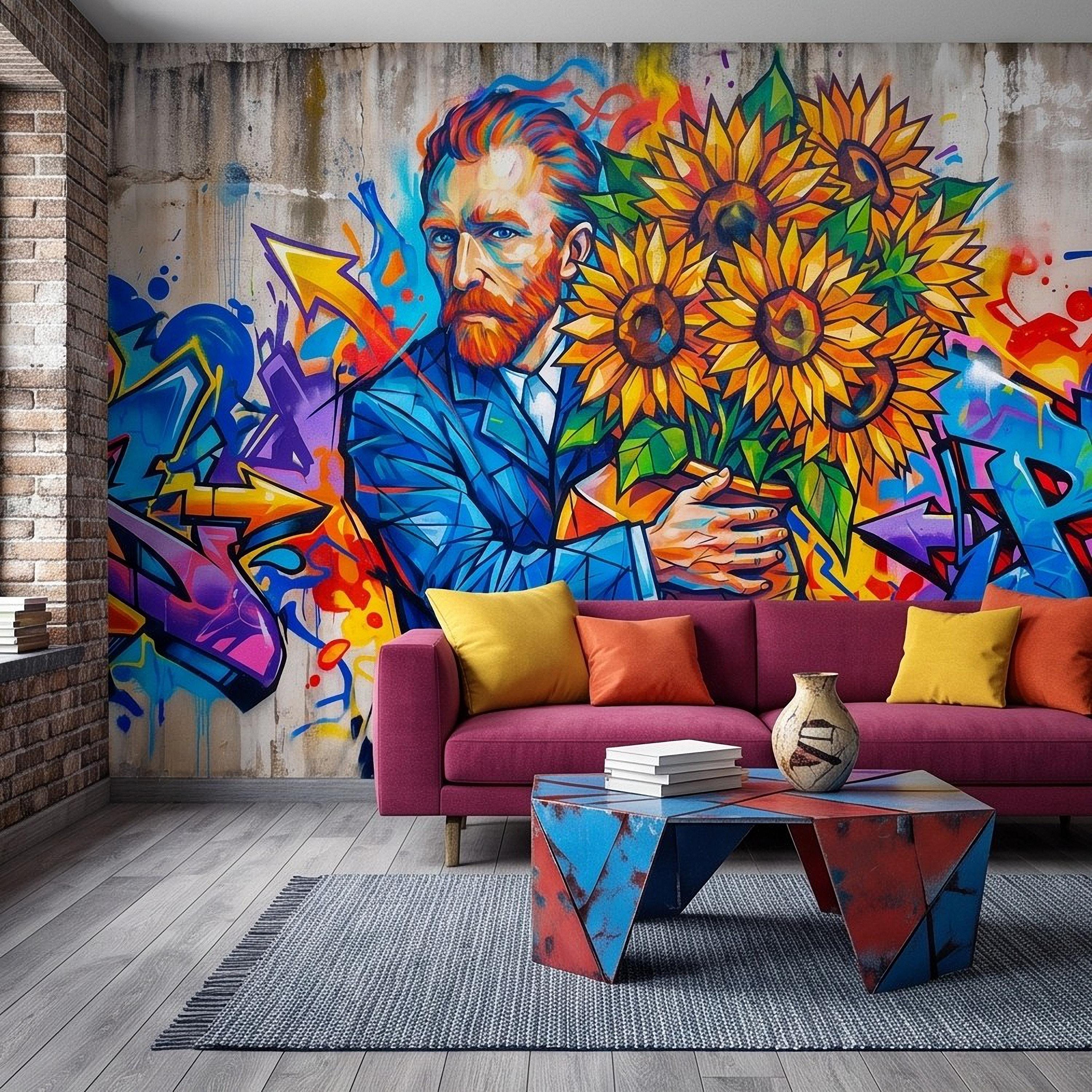 Van Gogh Sunflowers Peel and Stick Wall Mural, Colorful Graffiti Portrait Famous Painter Street Style Pop Culture Vibrant Wallpaper