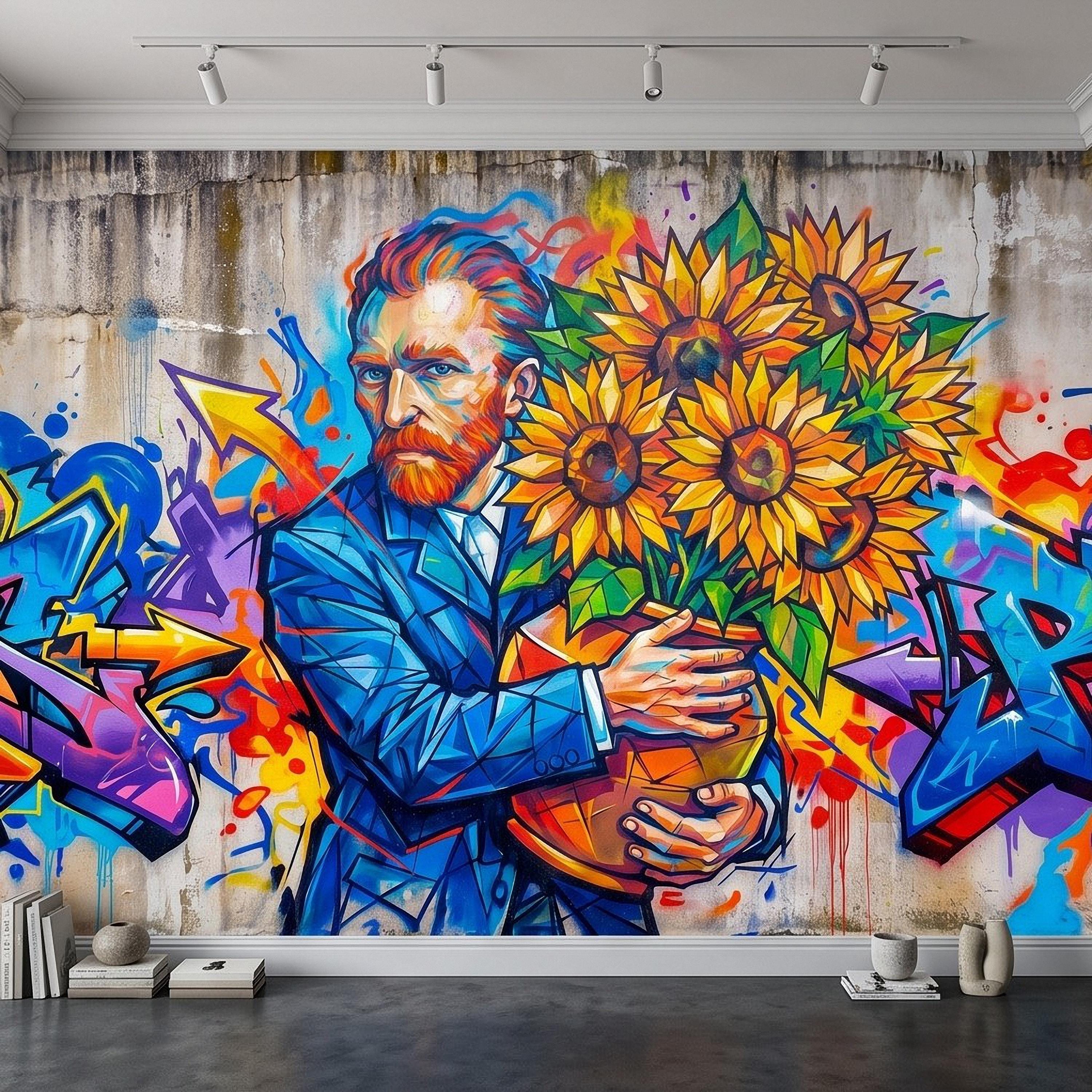 Van Gogh Sunflowers Peel and Stick Wall Mural, Colorful Graffiti Portrait Famous Painter Street Style Pop Culture Vibrant Wallpaper