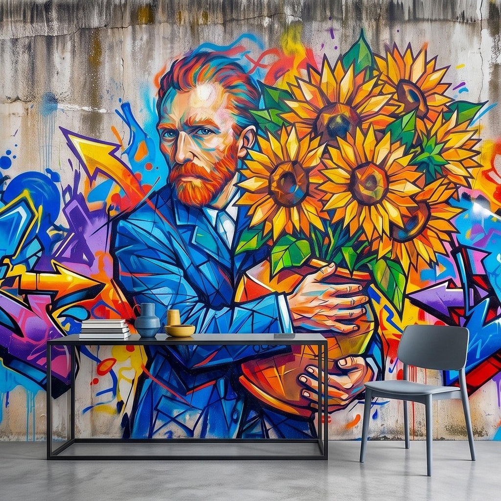Van Gogh Sunflowers Peel and Stick Wall Mural, Colorful Graffiti Portrait Famous Painter Street Style Pop Culture Vibrant Wallpaper