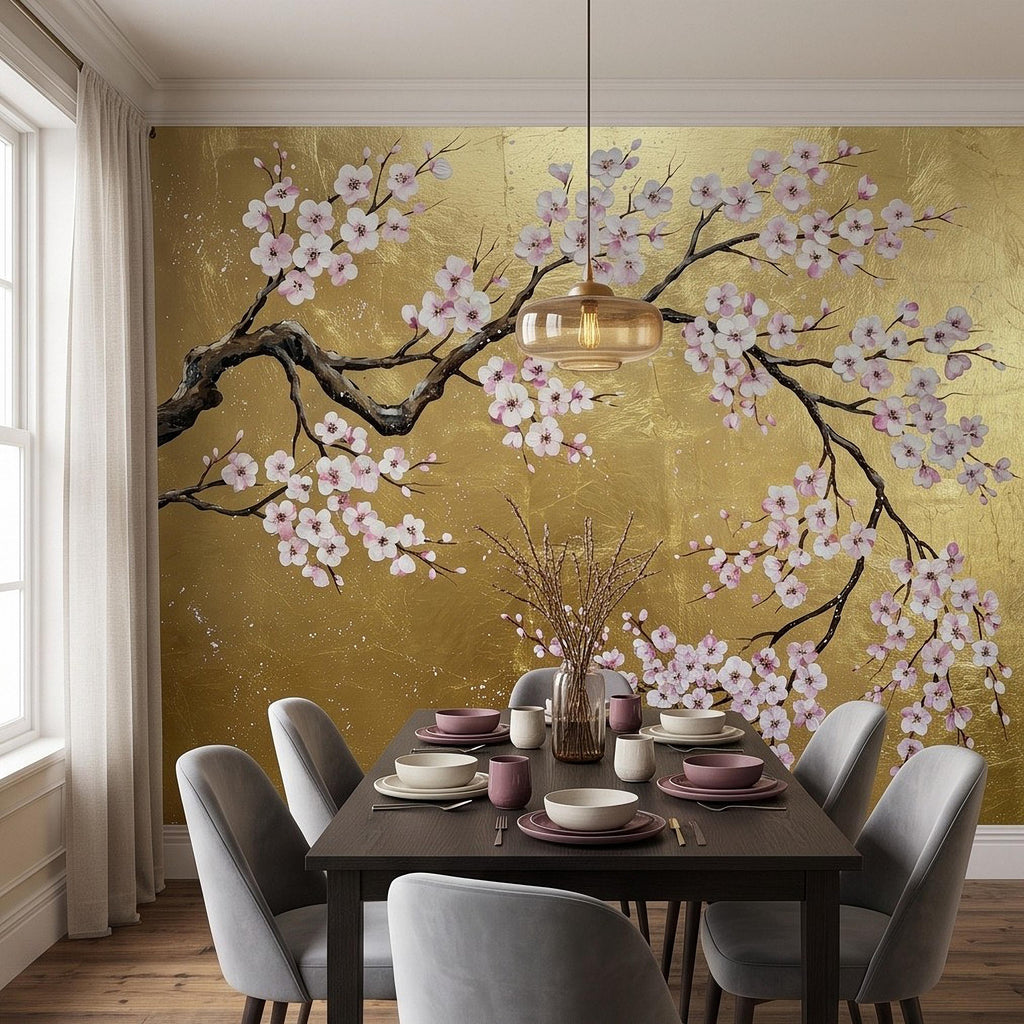 Cherry Blossom Peel and Stick Wall Mural, Pink Sakura Branches Gold Background Japanese Floral Painting Elegant Asian Luxury Wallpaper