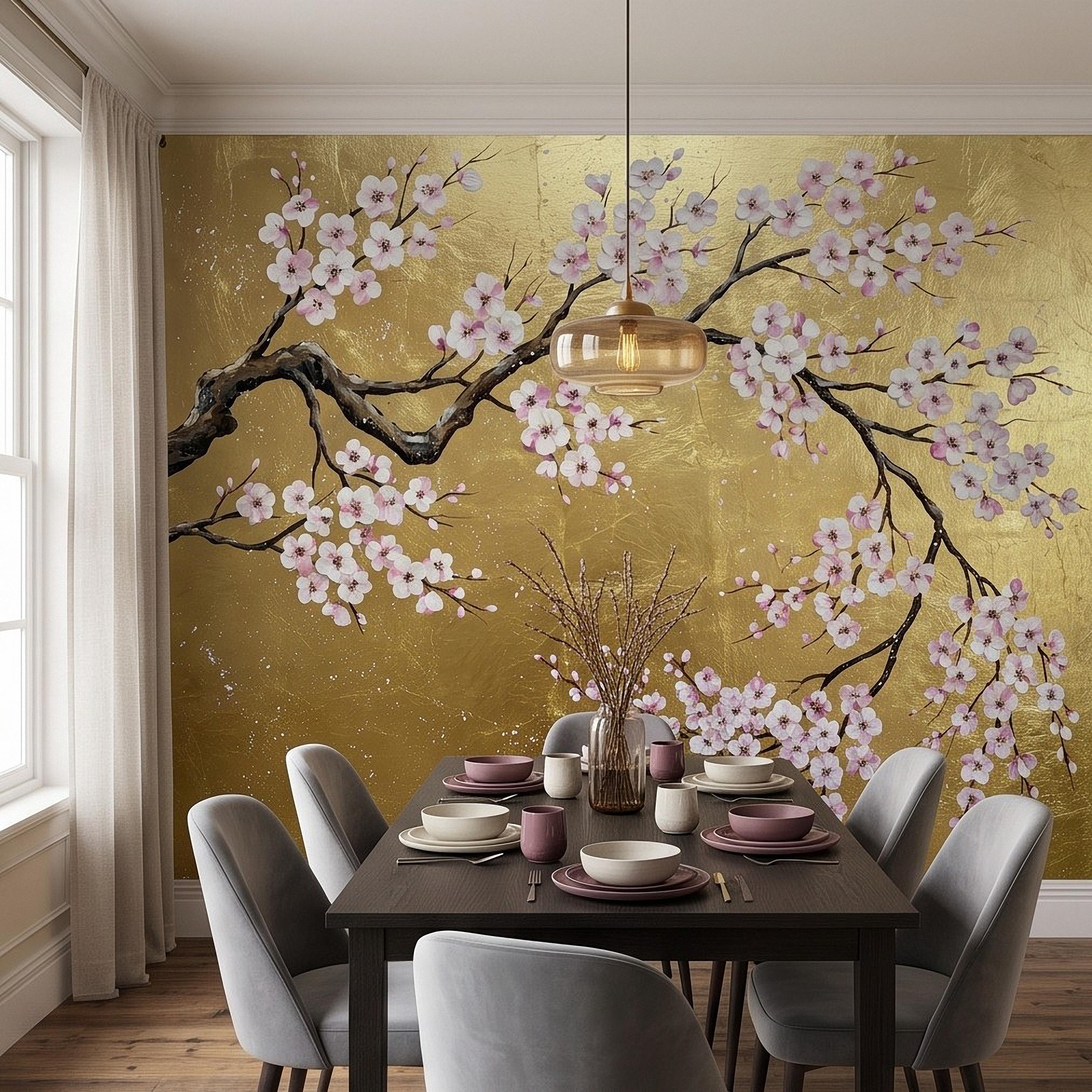 Cherry Blossom Peel and Stick Wall Mural, Pink Sakura Branches Gold Background Japanese Floral Painting Elegant Asian Luxury Wallpaper