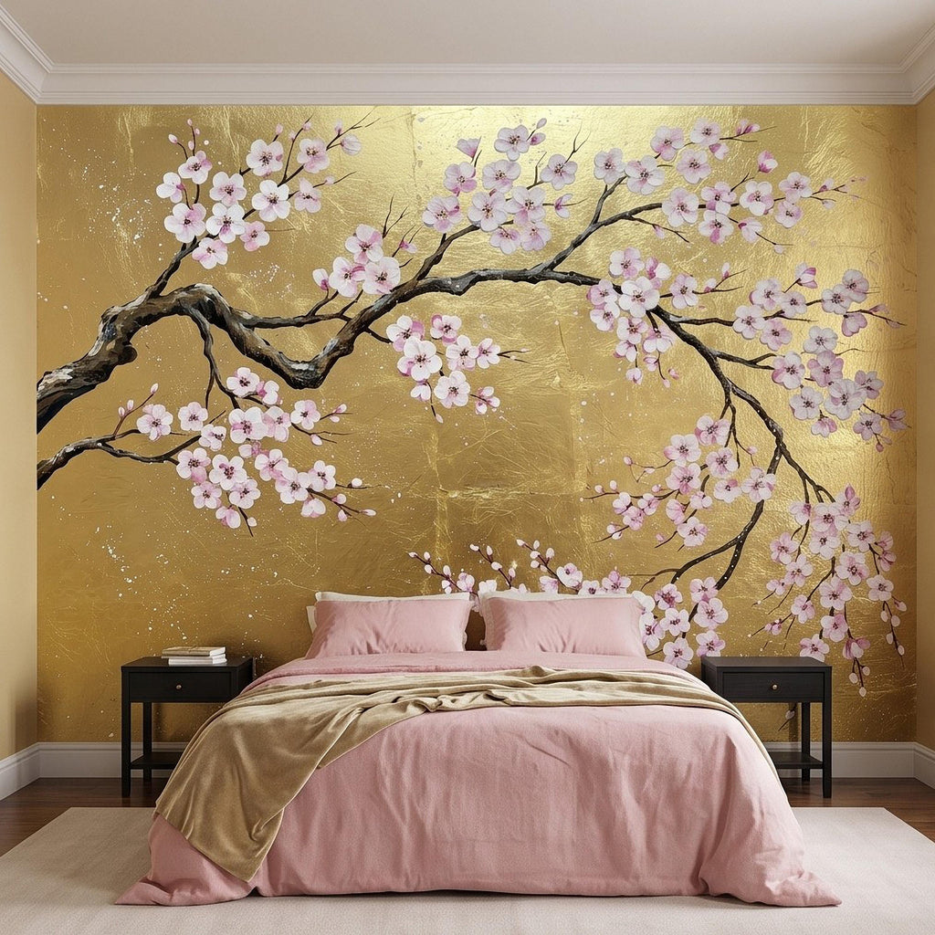 Cherry Blossom Peel and Stick Wall Mural, Pink Sakura Branches Gold Background Japanese Floral Painting Elegant Asian Luxury Wallpaper