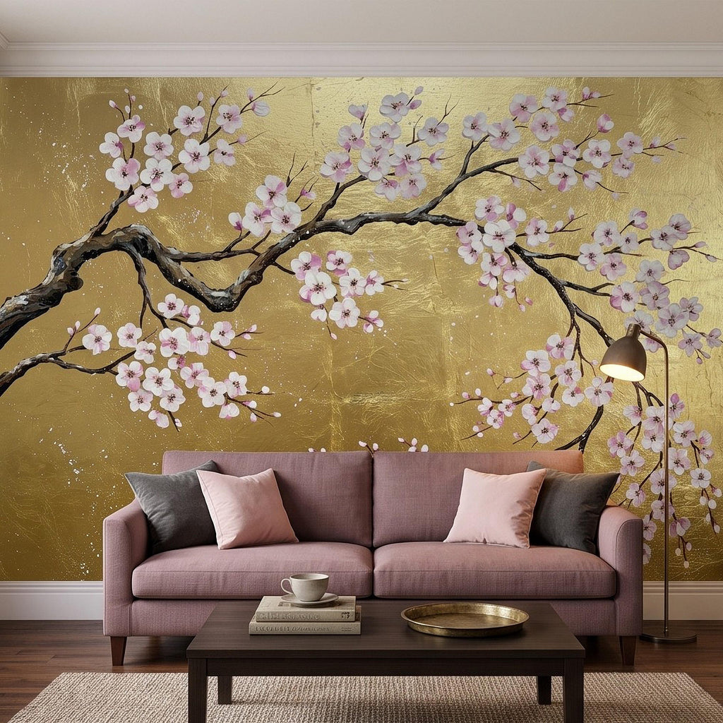 Cherry Blossom Peel and Stick Wall Mural, Pink Sakura Branches Gold Background Japanese Floral Painting Elegant Asian Luxury Wallpaper