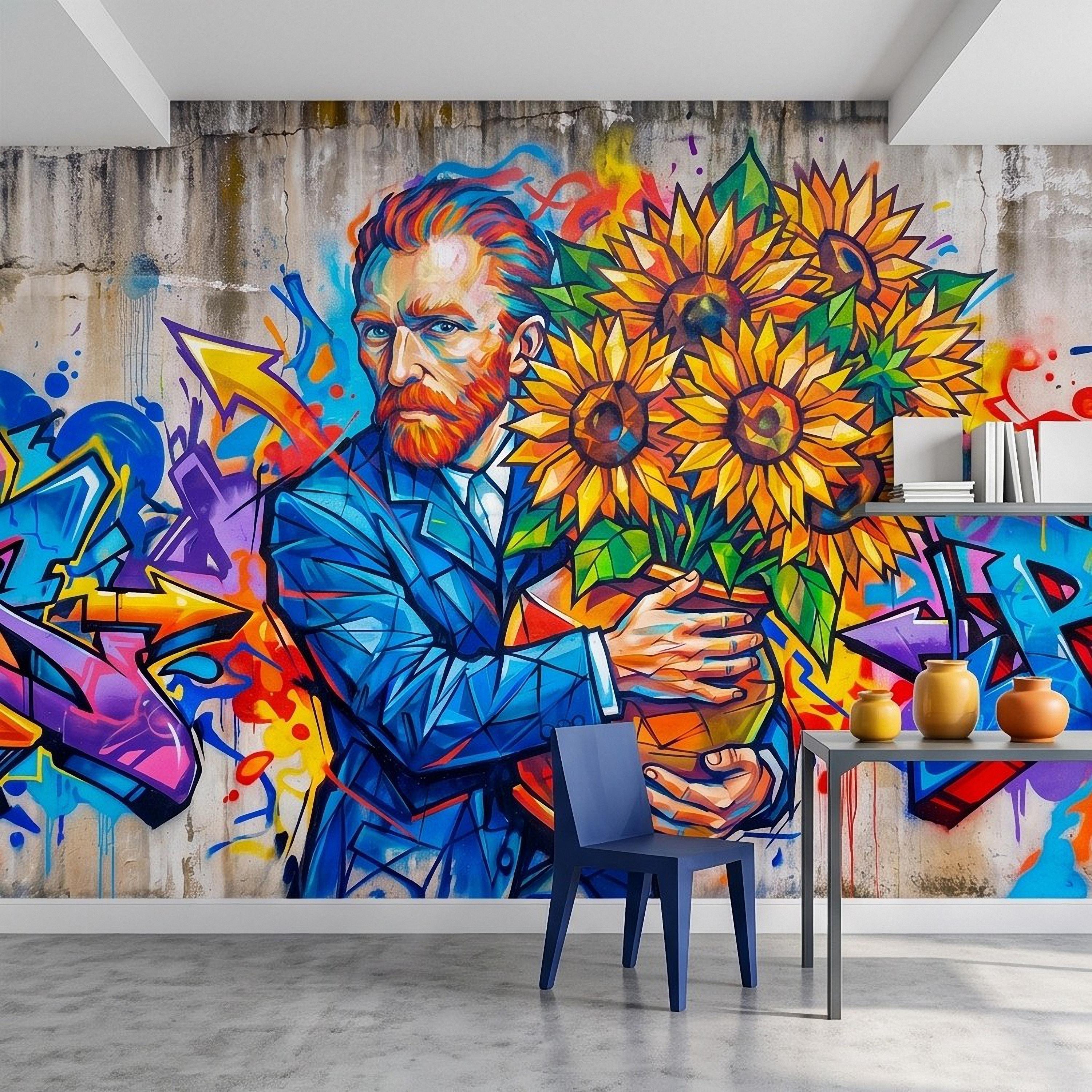 Van Gogh Sunflowers Peel and Stick Wall Mural, Colorful Graffiti Portrait Famous Painter Street Style Pop Culture Vibrant Wallpaper