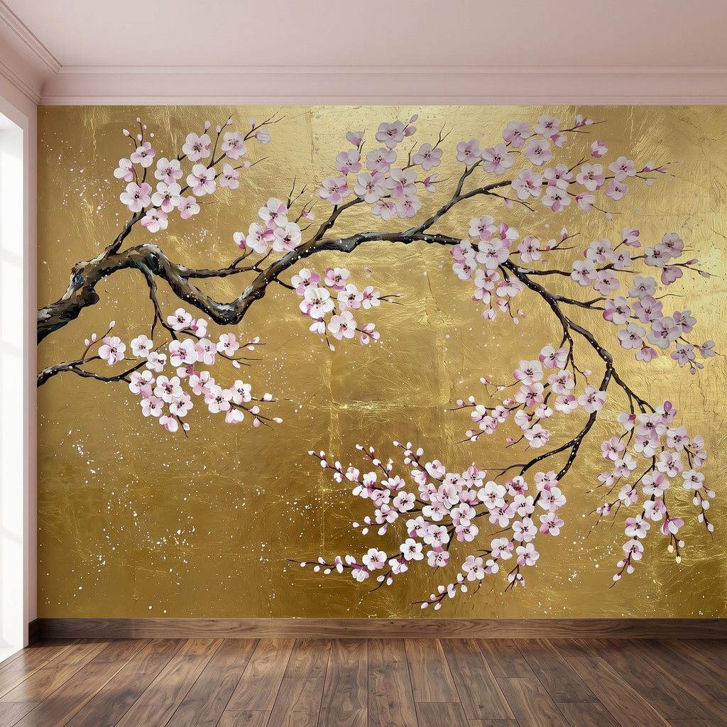 Cherry Blossom Peel and Stick Wall Mural, Pink Sakura Branches Gold Background Japanese Floral Painting Elegant Asian Luxury Wallpaper