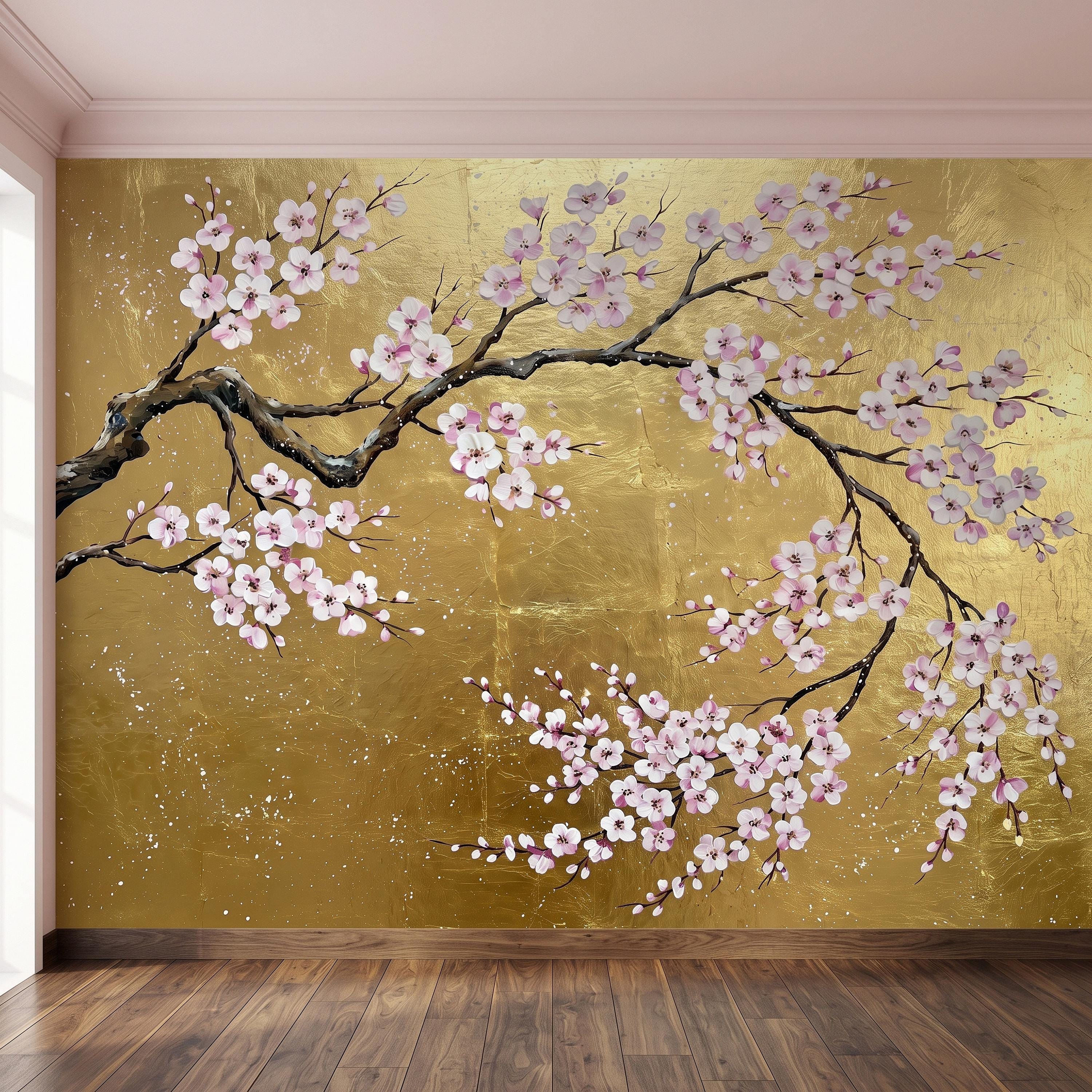 Cherry Blossom Peel and Stick Wall Mural, Pink Sakura Branches Gold Background Japanese Floral Painting Elegant Asian Luxury Wallpaper