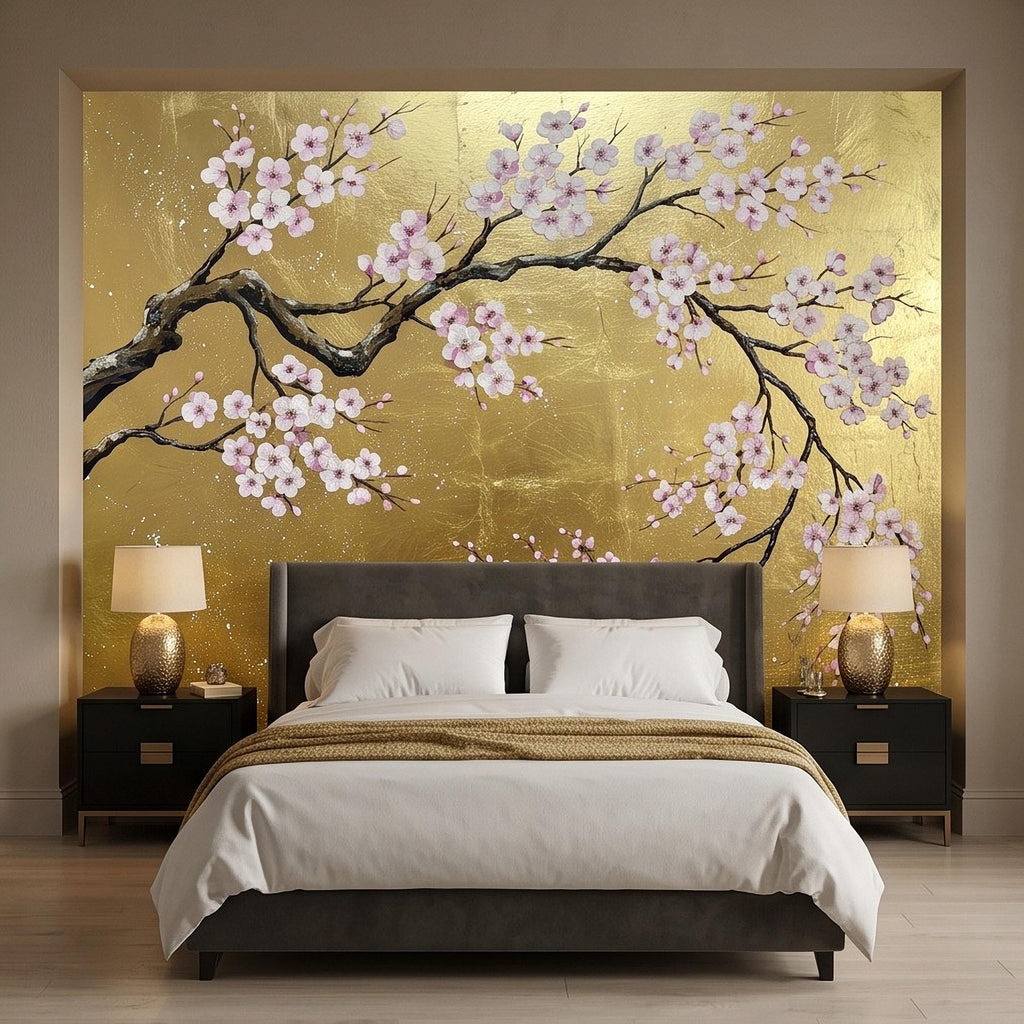 Cherry Blossom Peel and Stick Wall Mural, Pink Sakura Branches Gold Background Japanese Floral Painting Elegant Asian Luxury Wallpaper
