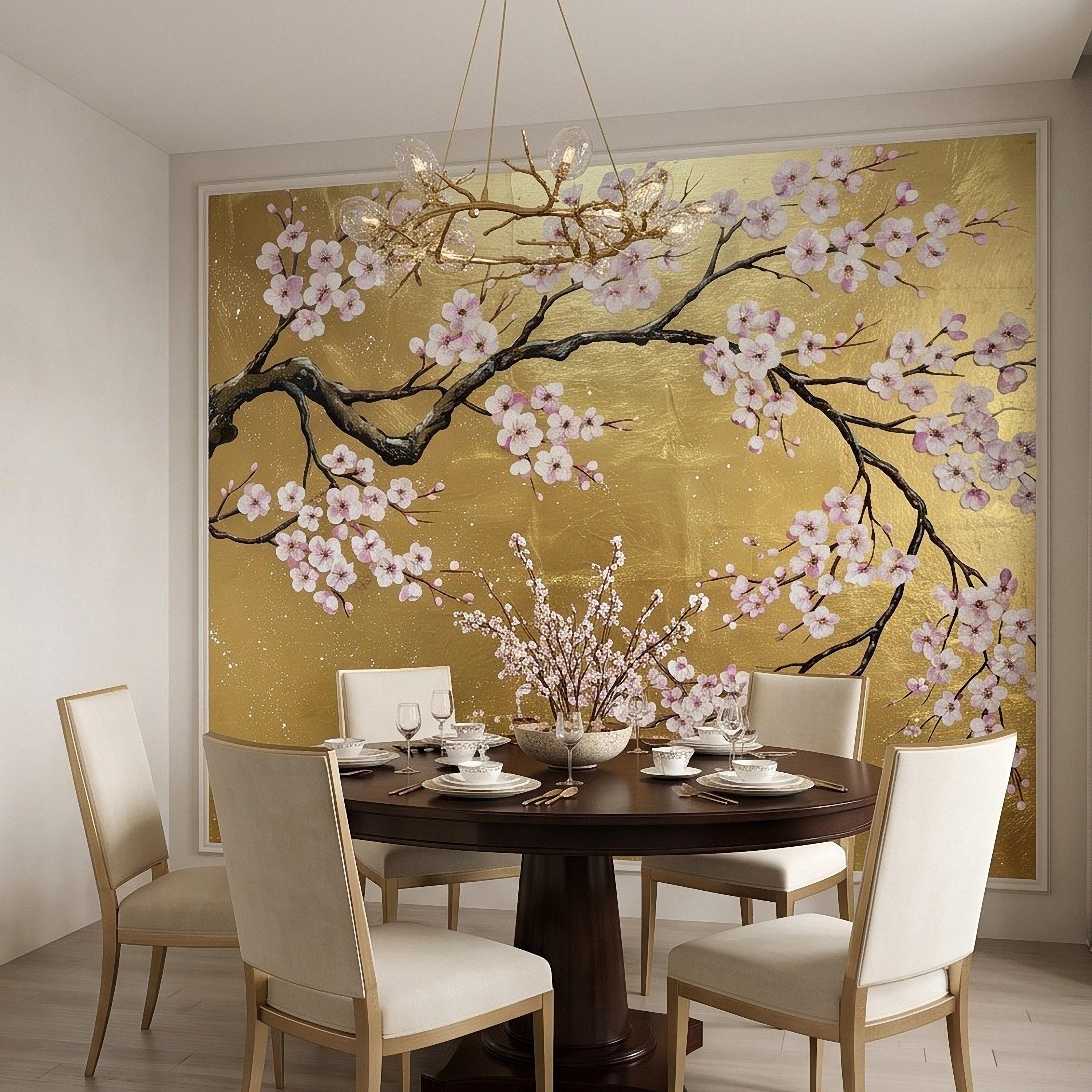 Cherry Blossom Peel and Stick Wall Mural, Pink Sakura Branches Gold Background Japanese Floral Painting Elegant Asian Luxury Wallpaper