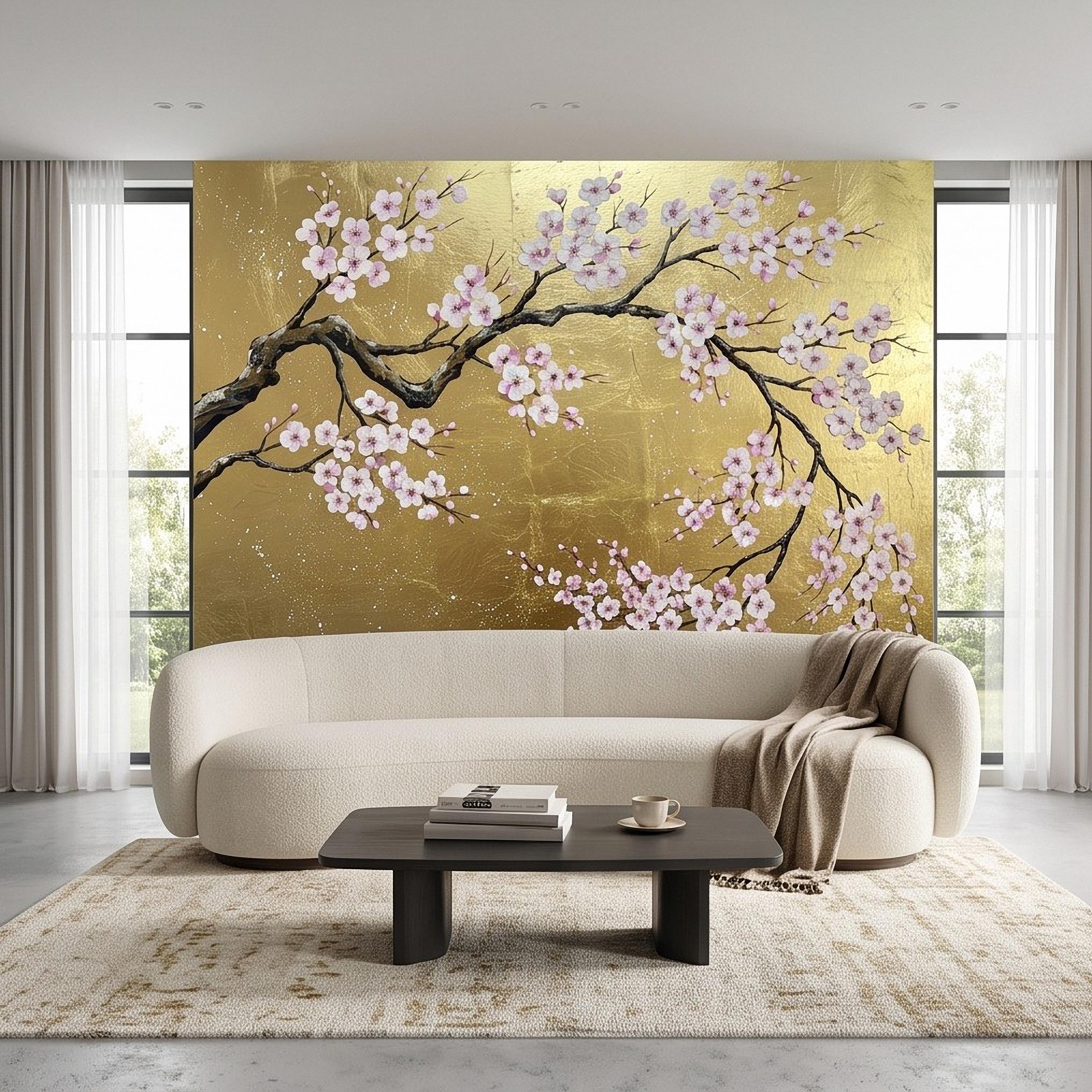 Cherry Blossom Peel and Stick Wall Mural, Pink Sakura Branches Gold Background Japanese Floral Painting Elegant Asian Luxury Wallpaper
