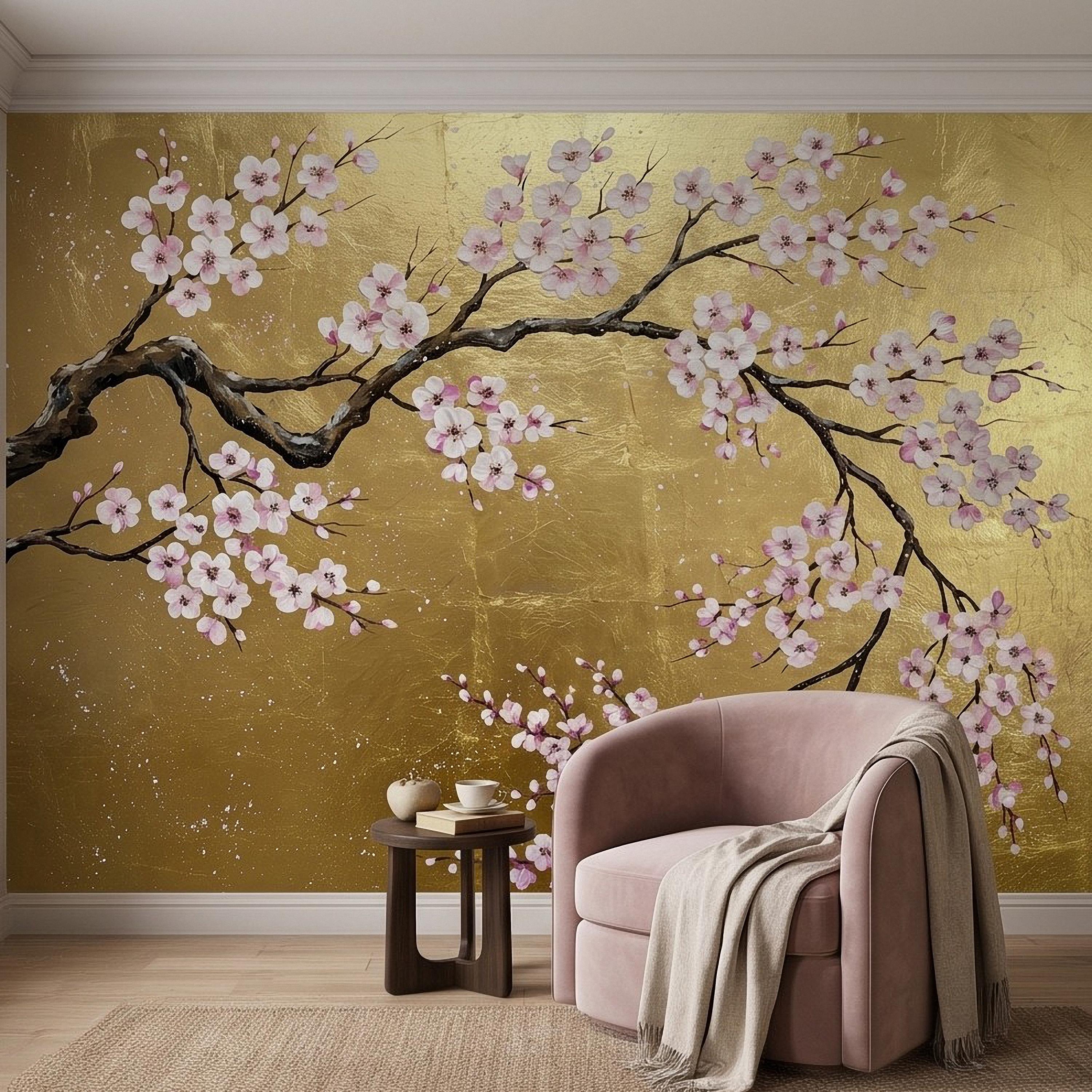 Cherry Blossom Peel and Stick Wall Mural, Pink Sakura Branches Gold Background Japanese Floral Painting Elegant Asian Luxury Wallpaper