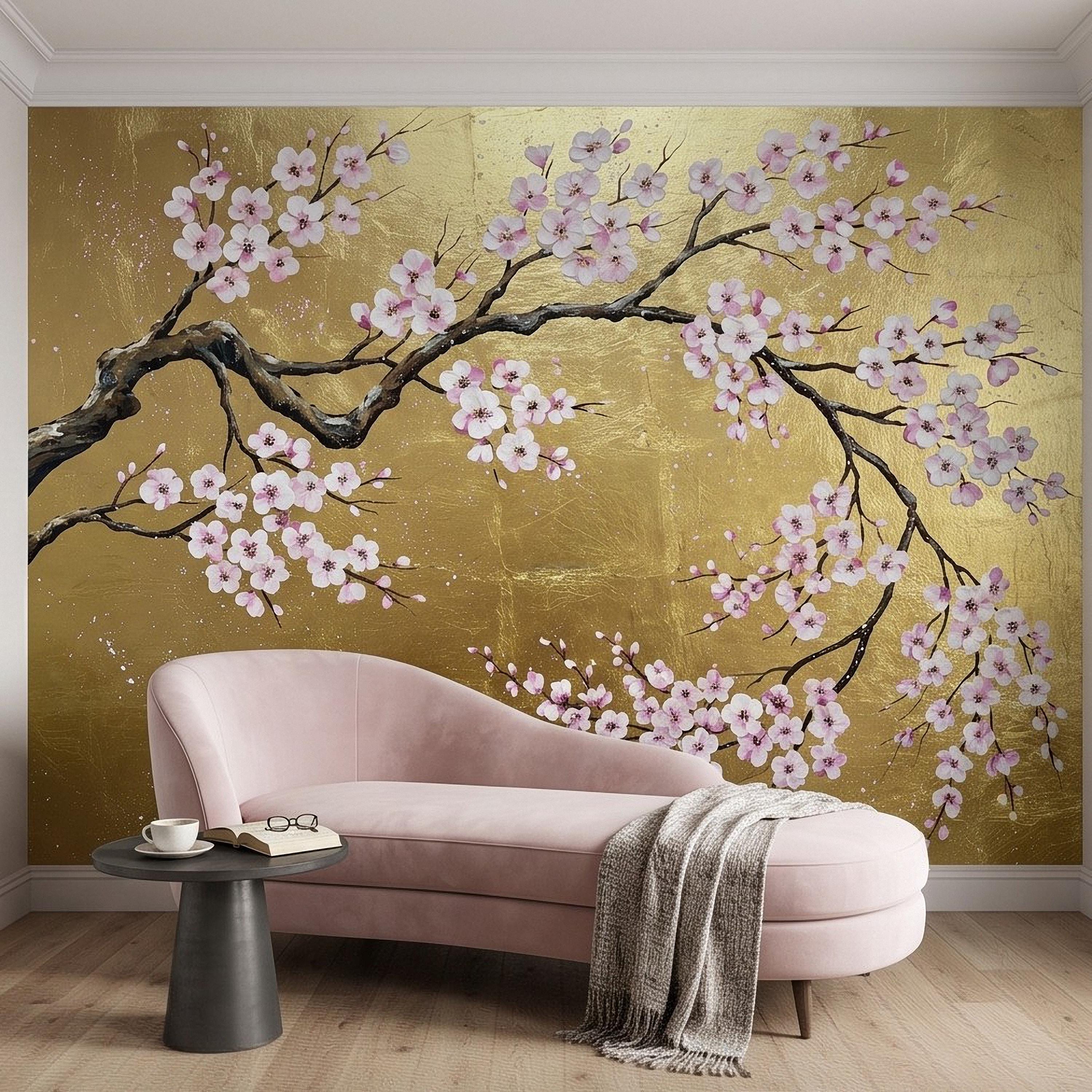 Cherry Blossom Peel and Stick Wall Mural, Pink Sakura Branches Gold Background Japanese Floral Painting Elegant Asian Luxury Wallpaper