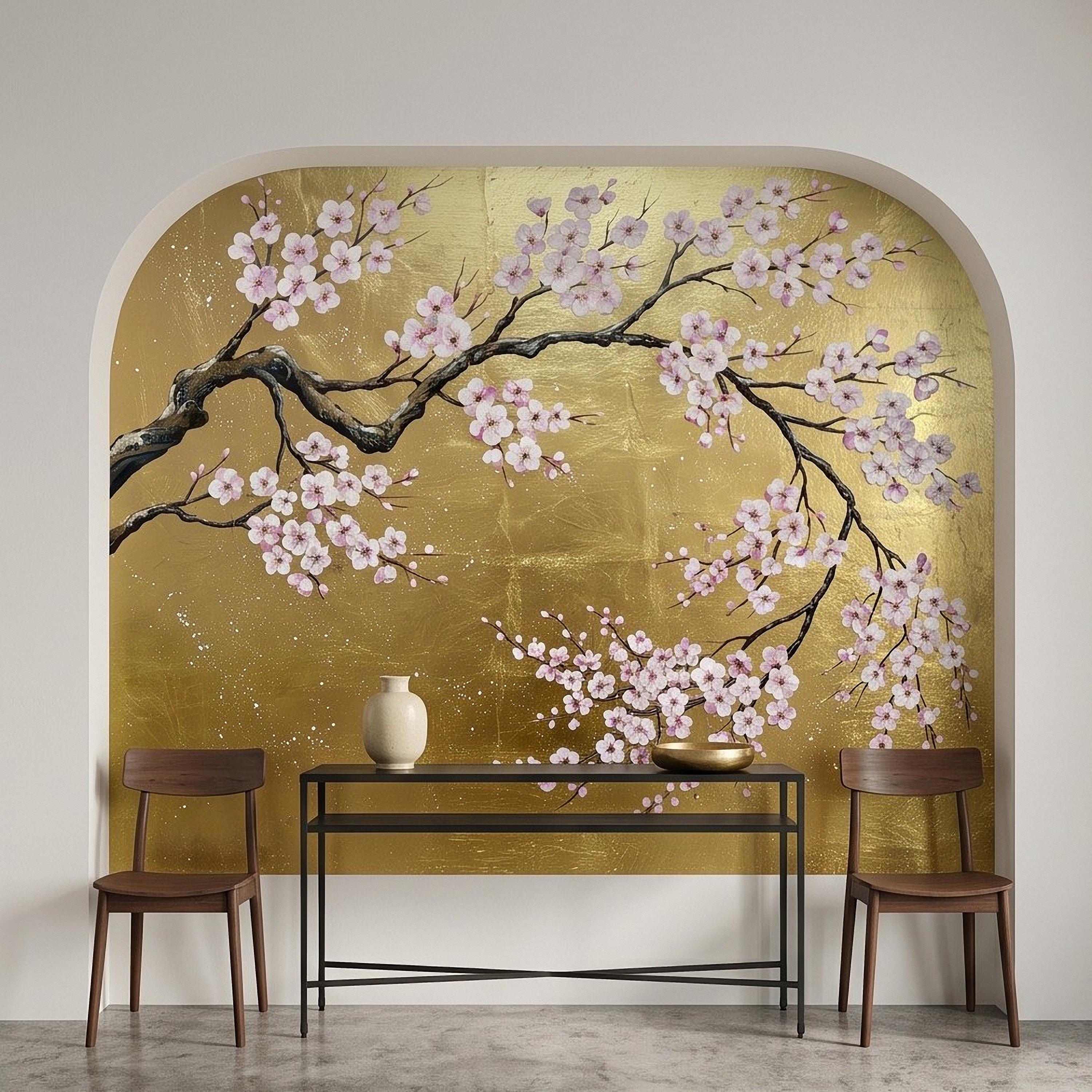 Cherry Blossom Peel and Stick Wall Mural, Pink Sakura Branches Gold Background Japanese Floral Painting Elegant Asian Luxury Wallpaper