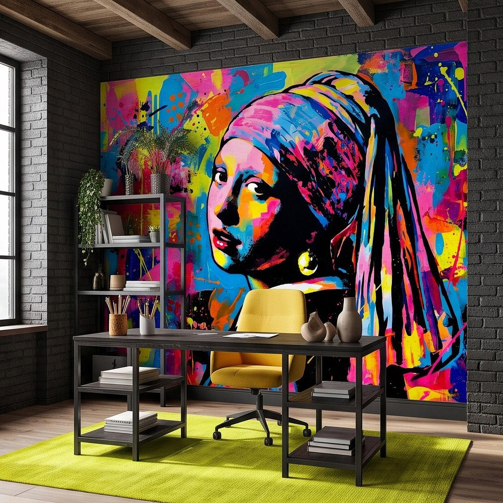Girl with a Pearl Earring Peel and Stick Wall Mural, Colorful Graffiti Portrait Famous Painting Street Style Pop Culture Vibrant Wallpaper