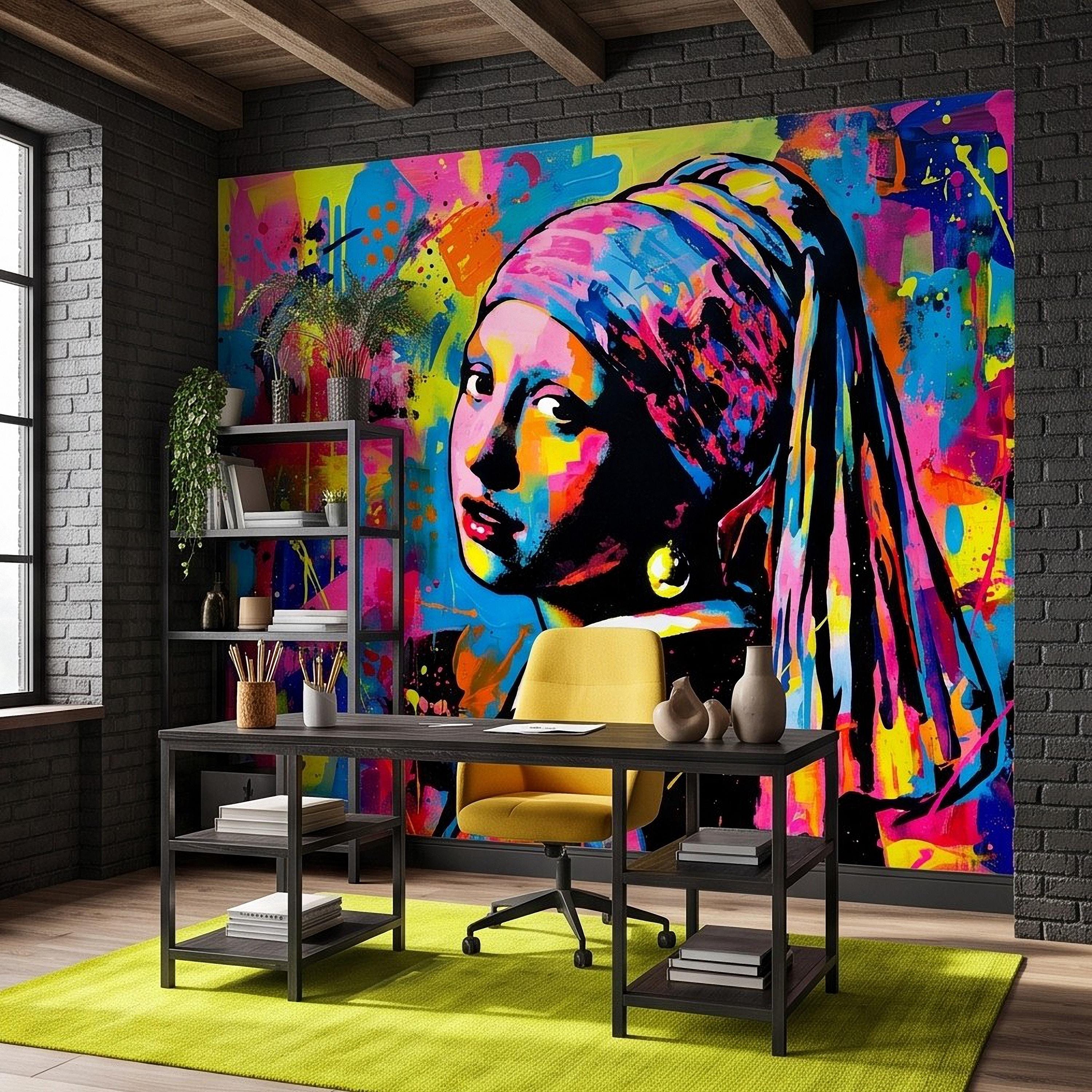 Girl with a Pearl Earring Peel and Stick Wall Mural, Colorful Graffiti Portrait Famous Painting Street Style Pop Culture Vibrant Wallpaper