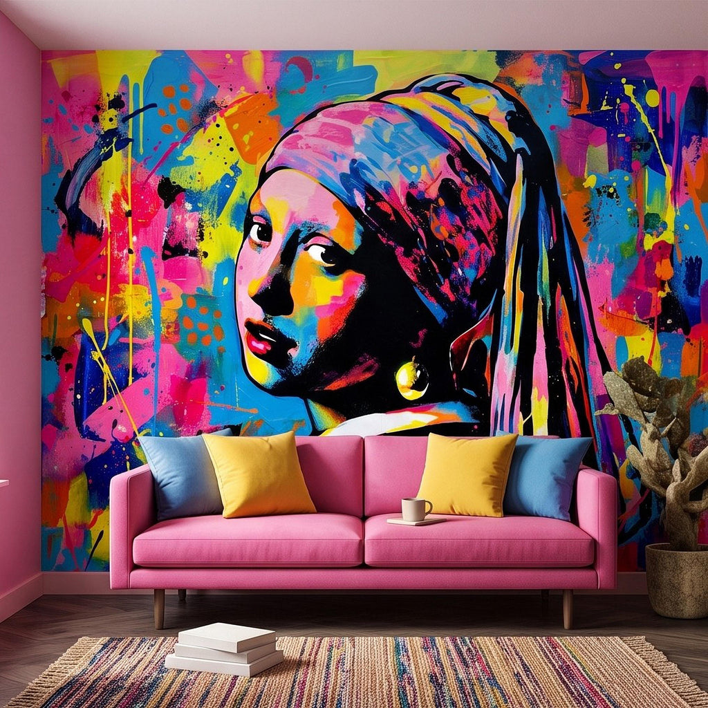 Girl with a Pearl Earring Peel and Stick Wall Mural, Colorful Graffiti Portrait Famous Painting Street Style Pop Culture Vibrant Wallpaper