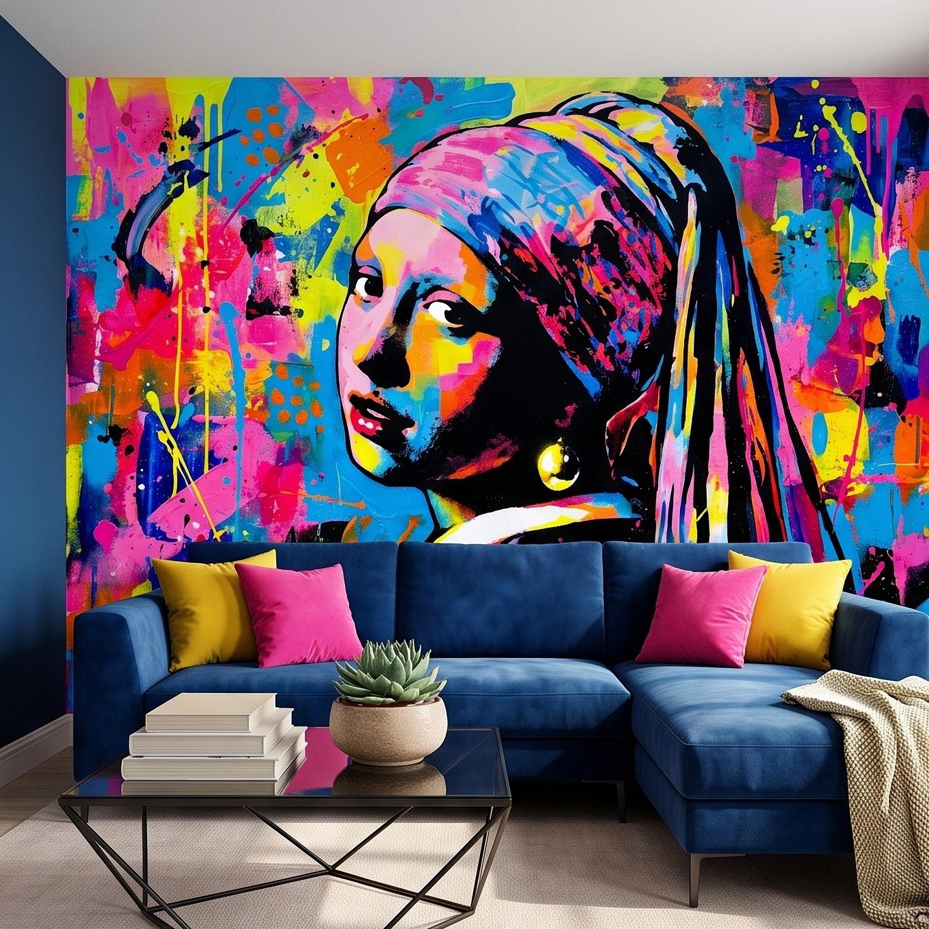 Girl with a Pearl Earring Peel and Stick Wall Mural, Colorful Graffiti Portrait Famous Painting Street Style Pop Culture Vibrant Wallpaper