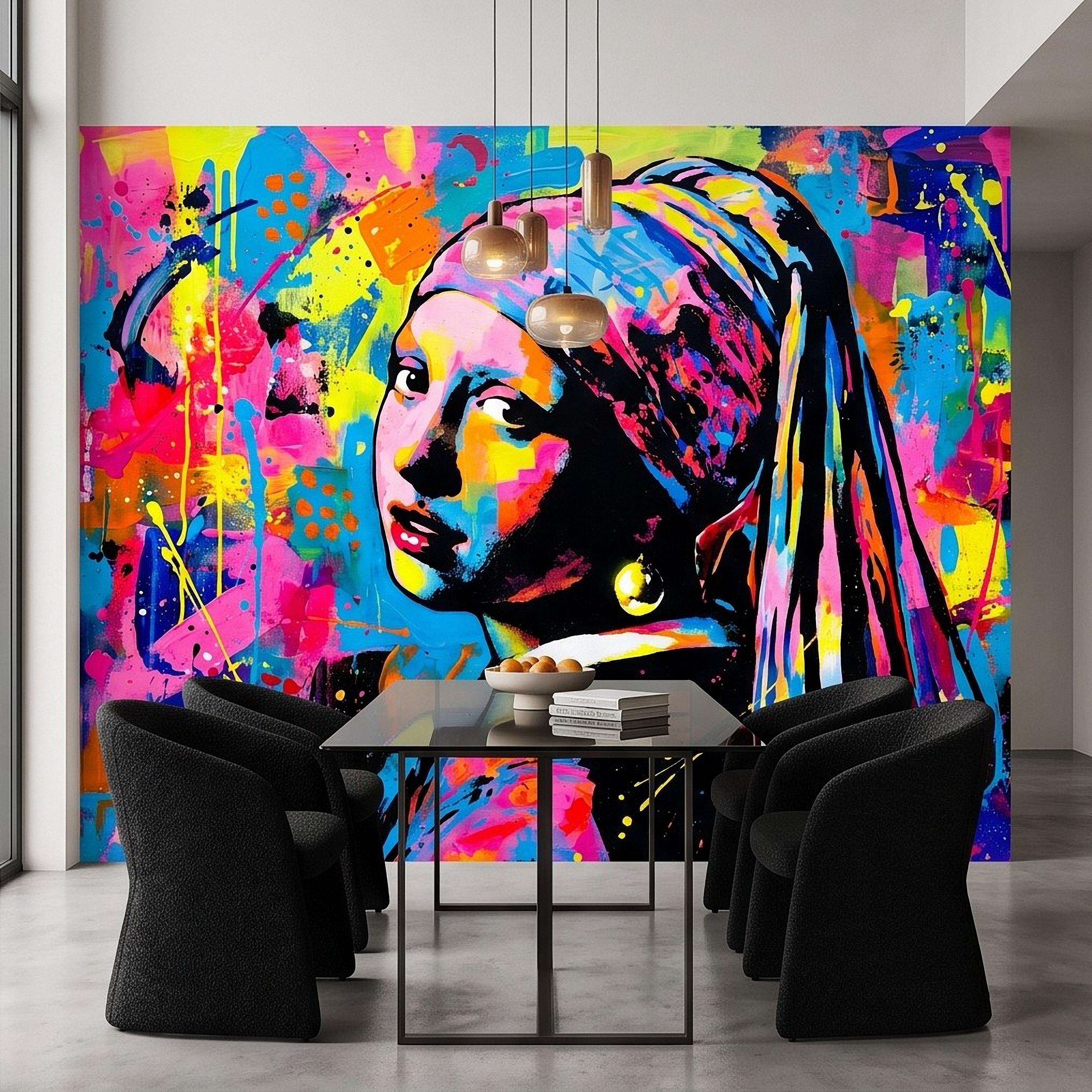 Girl with a Pearl Earring Peel and Stick Wall Mural, Colorful Graffiti Portrait Famous Painting Street Style Pop Culture Vibrant Wallpaper
