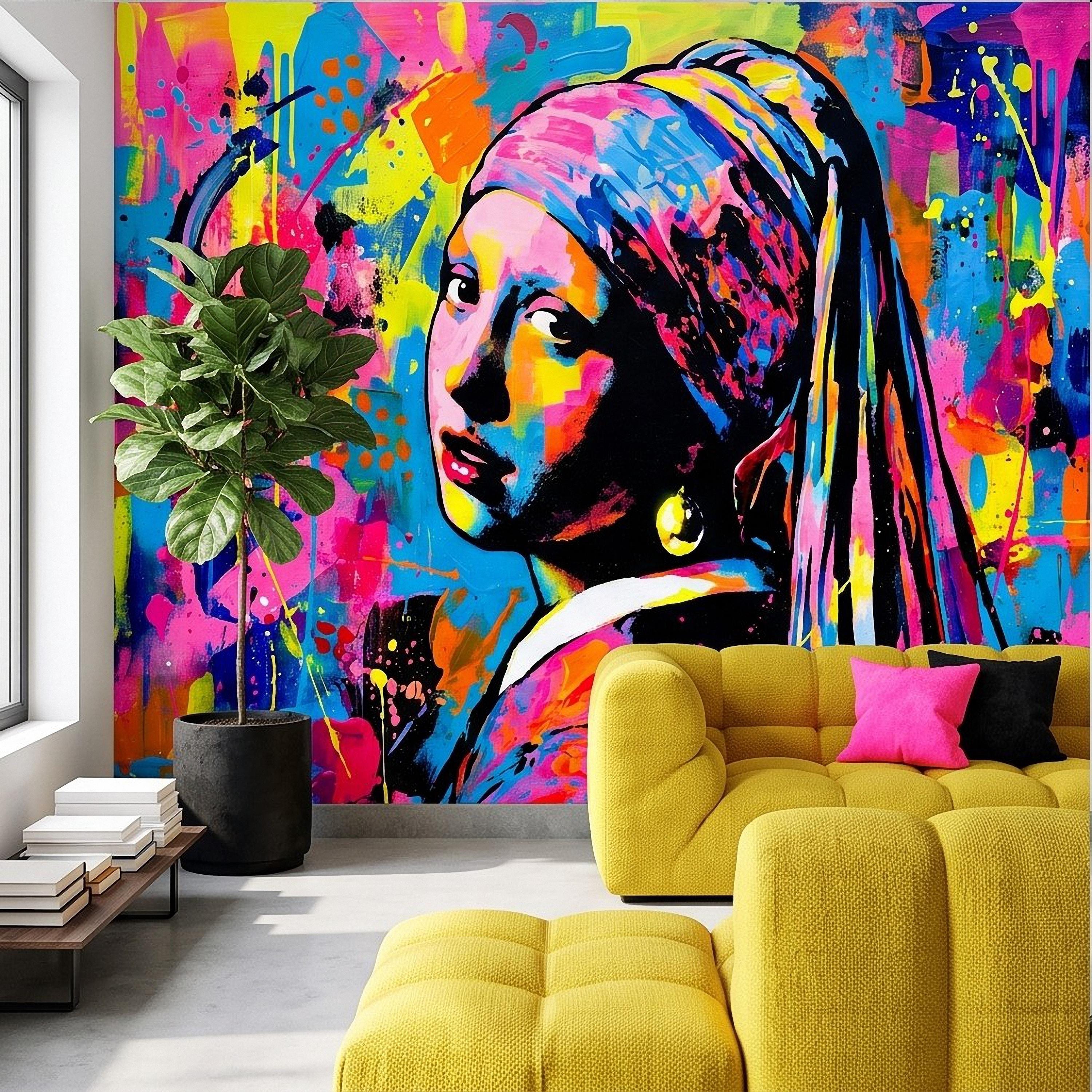 Girl with a Pearl Earring Peel and Stick Wall Mural, Colorful Graffiti Portrait Famous Painting Street Style Pop Culture Vibrant Wallpaper