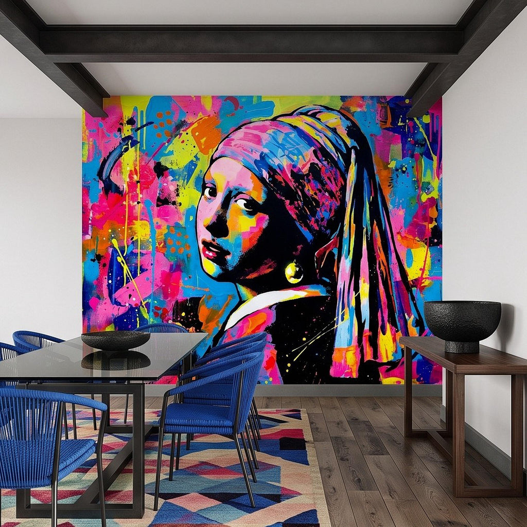 Girl with a Pearl Earring Peel and Stick Wall Mural, Colorful Graffiti Portrait Famous Painting Street Style Pop Culture Vibrant Wallpaper